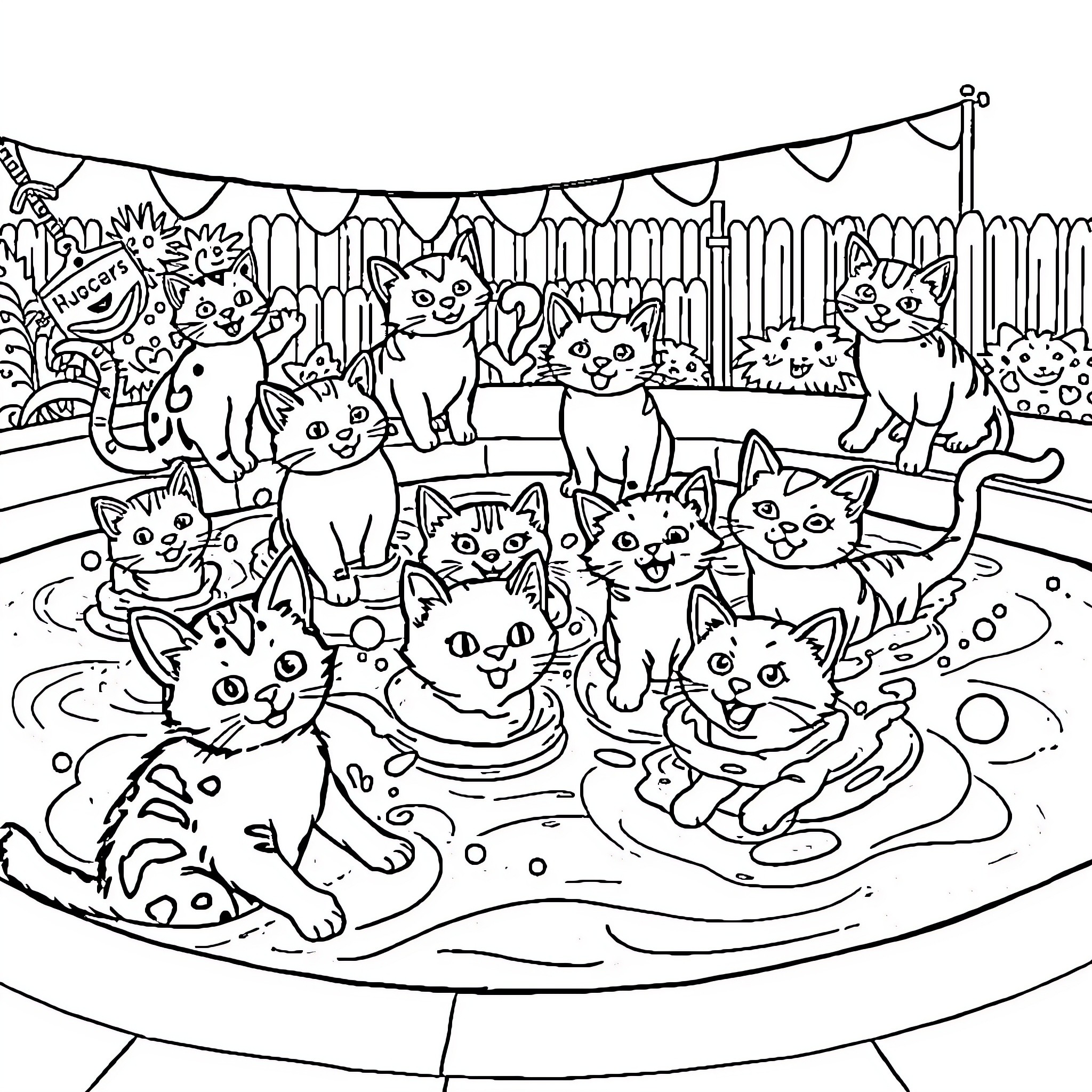 Cat Party in the Backyard Coloring Page (free black-and-white line drawing printable PDF for all, from beginners to advanced learners, including children, teens, adults, and seniors)