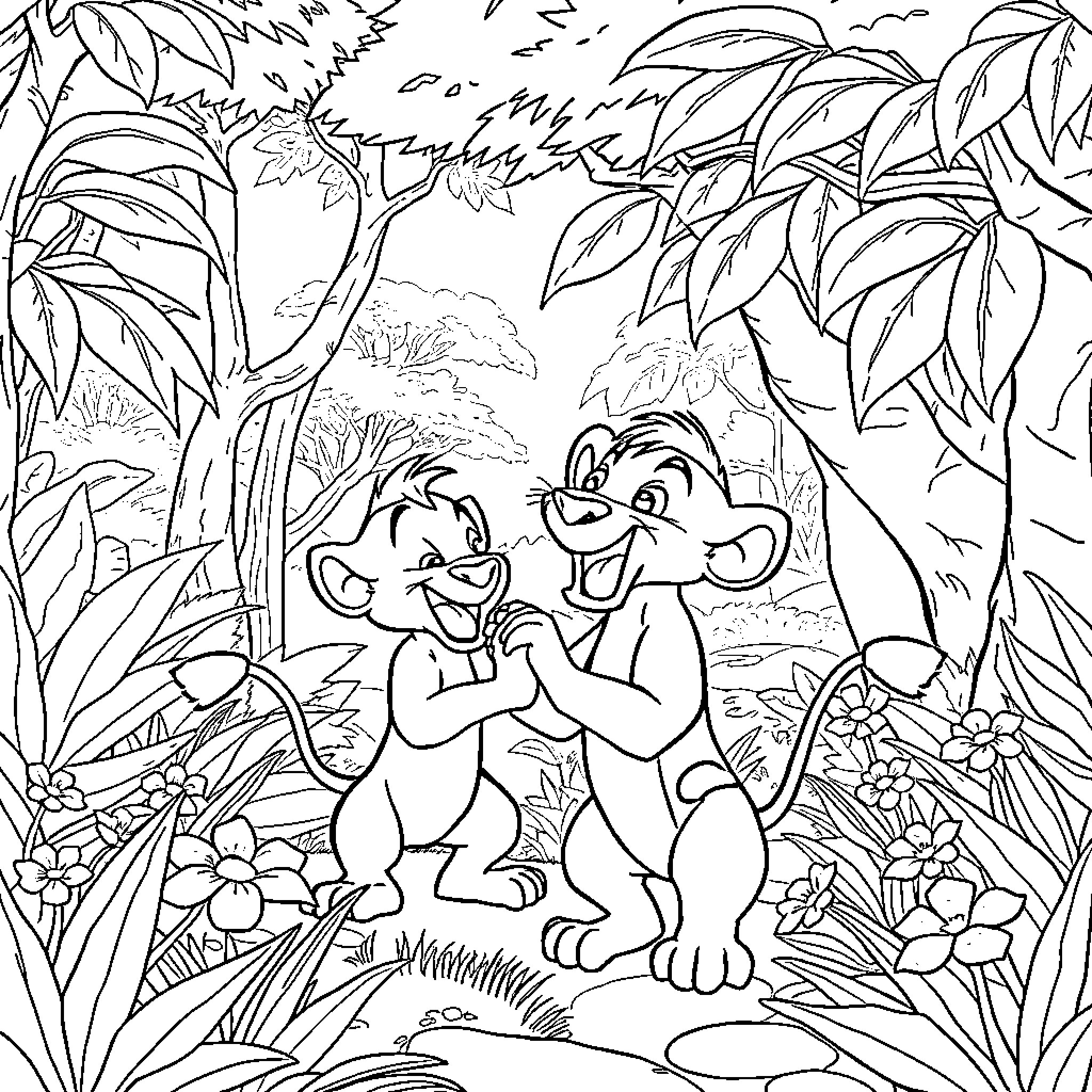 Timon and Pumba exploring the lush jungle Coloring Page (free black-and-white line drawing printable PDF for all, from beginners to advanced learners, including children, teens, adults, and seniors)