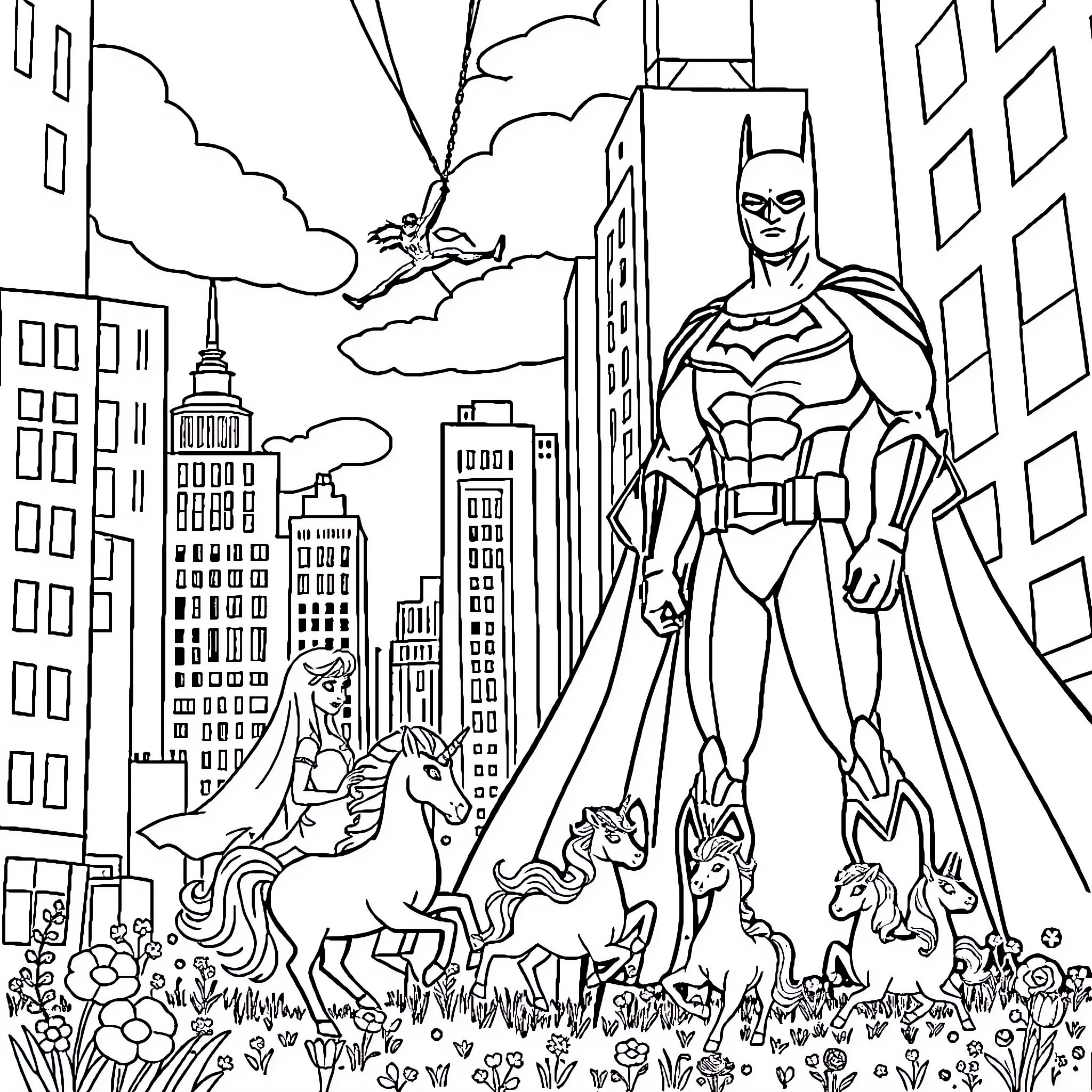 Superhero Protects the City with Mythical Creatures Coloring Page (free black-and-white line drawing printable PDF for all, from beginners to advanced learners, including children, teens, adults, and seniors)