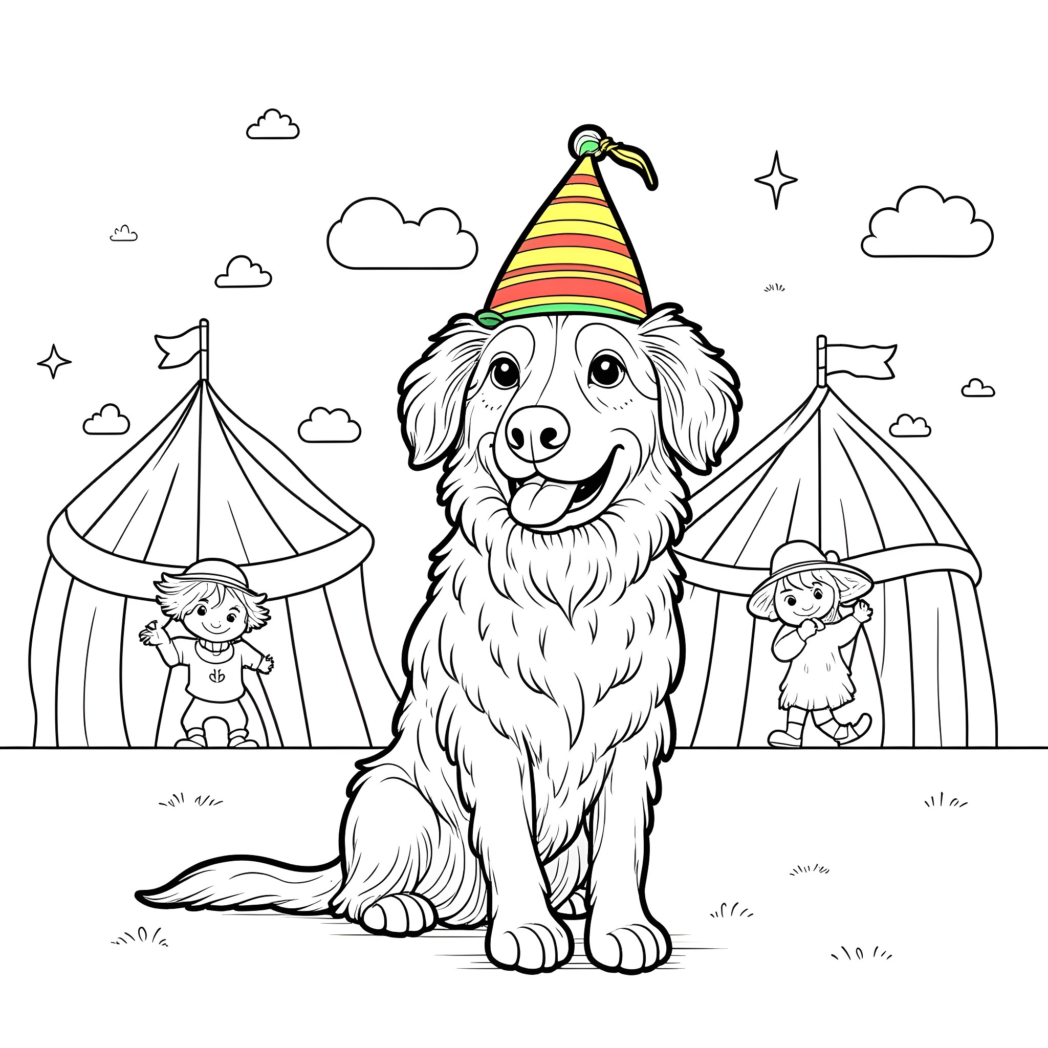 Dog celebrating at the carnival with circus tents Coloring Page (free black-and-white line drawing printable PDF for all, from beginners to advanced learners, including children, teens, adults, and seniors)