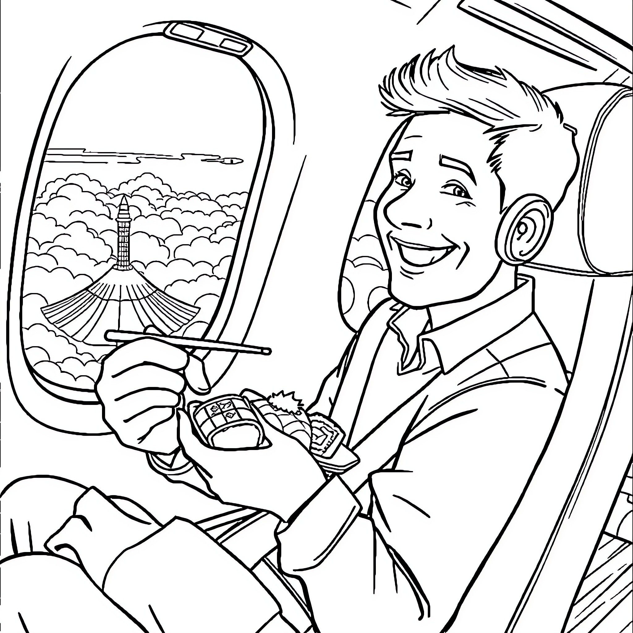 Man enjoying the view from an airplane window Coloring Page (free black-and-white line drawing printable PDF for all, from beginners to advanced learners, including children, teens, adults, and seniors)