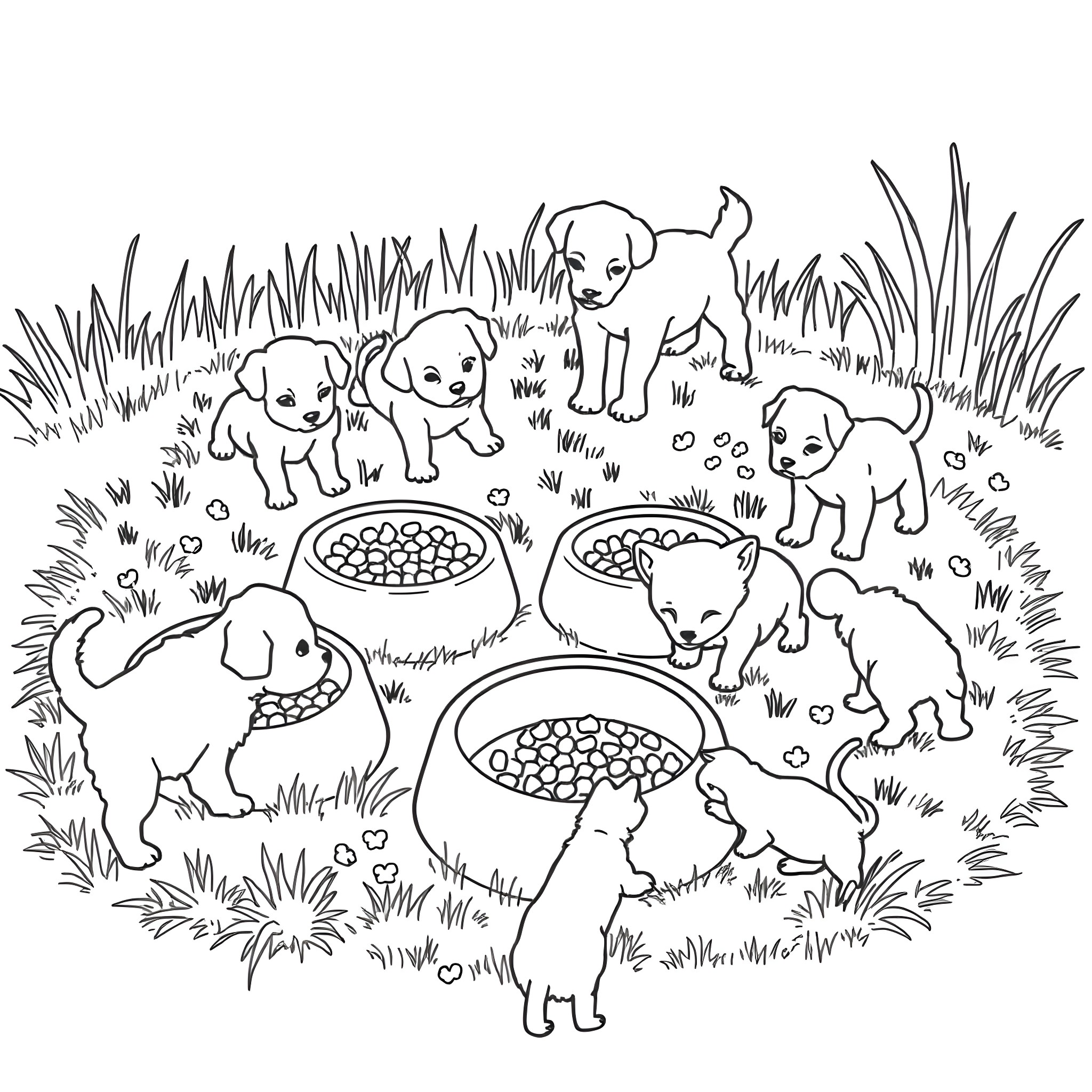 Food Bowl for Playful Puppies in the Grass Coloring Page (free black-and-white line drawing printable PDF for all, from beginners to advanced learners, including children, teens, adults, and seniors)