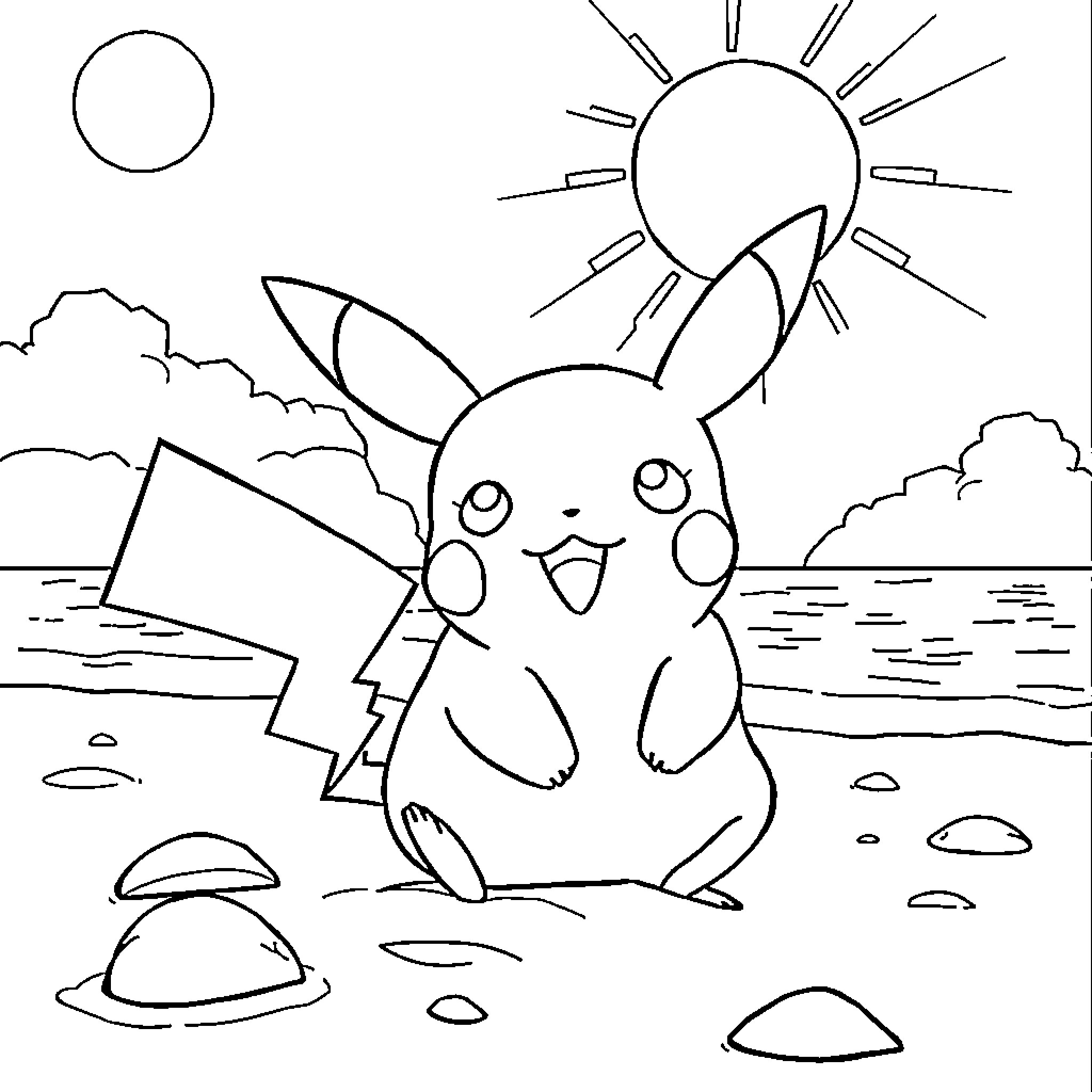 Pikachu enjoying the sunshine on the beach Coloring Page (free black-and-white line drawing printable PDF for all, from beginners to advanced learners, including children, teens, adults, and seniors)
