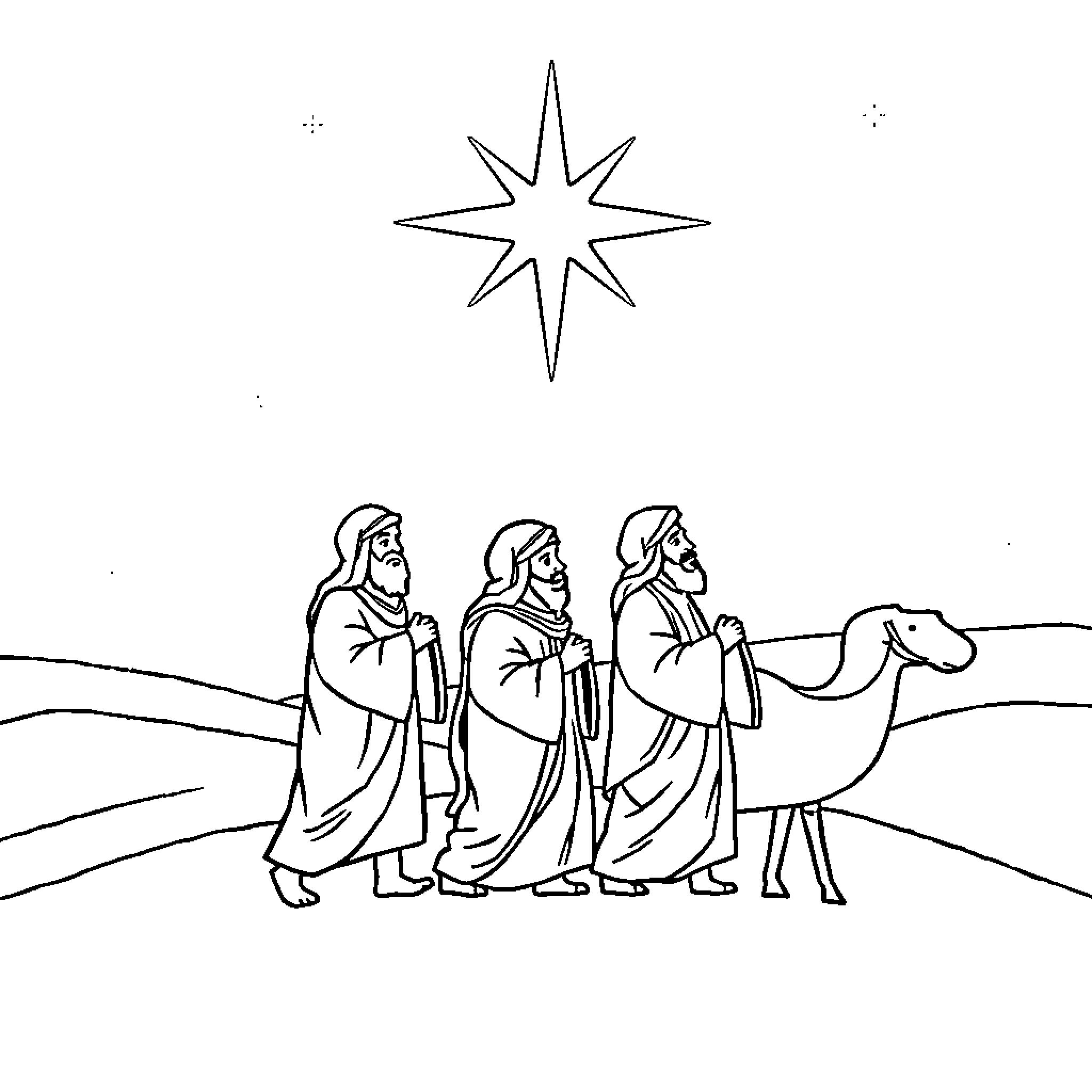 Wise Men Journey Under Shining Star Coloring Page (free black-and-white line drawing printable PDF for all, from beginners to advanced learners, including children, teens, adults, and seniors)
