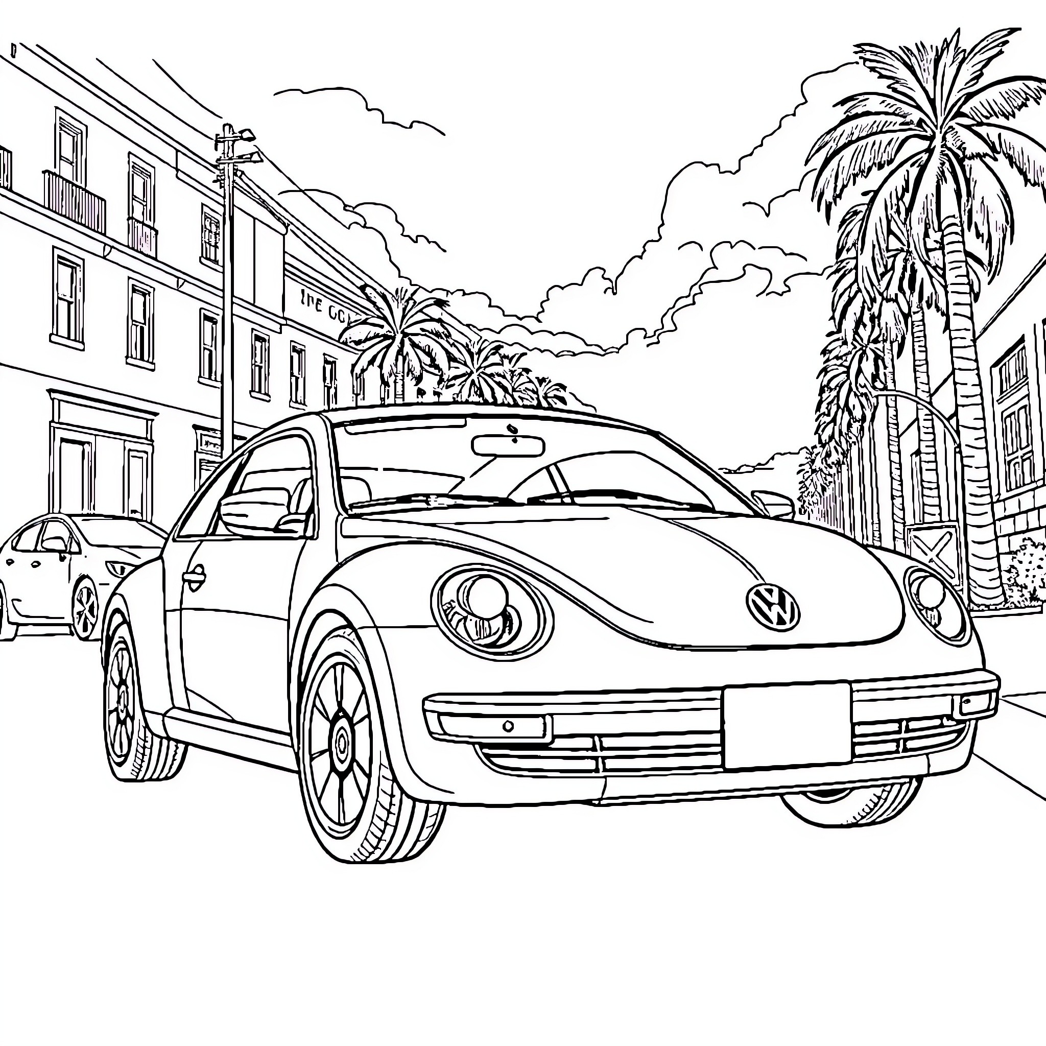 Volkswagen car on a sunny tropical street Coloring Page (free black-and-white line drawing printable PDF for all, from beginners to advanced learners, including children, teens, adults, and seniors)