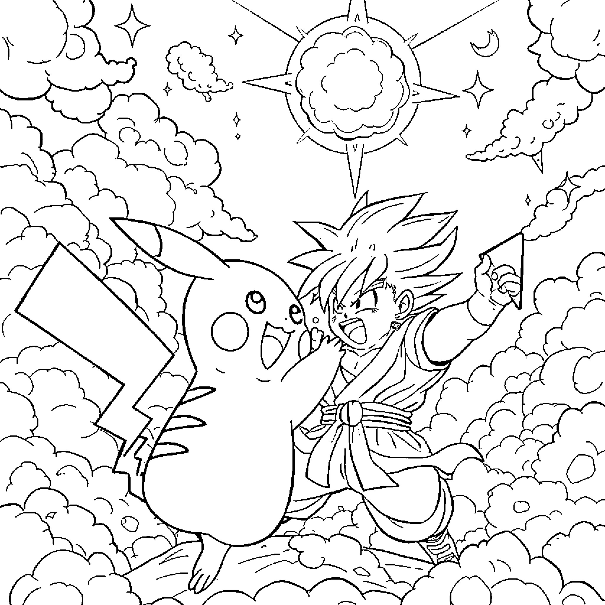 Pikachu and a Surprised Boy in a Magical Sky Coloring Page (free black-and-white line drawing printable PDF for all, from beginners to advanced learners, including children, teens, adults, and seniors)