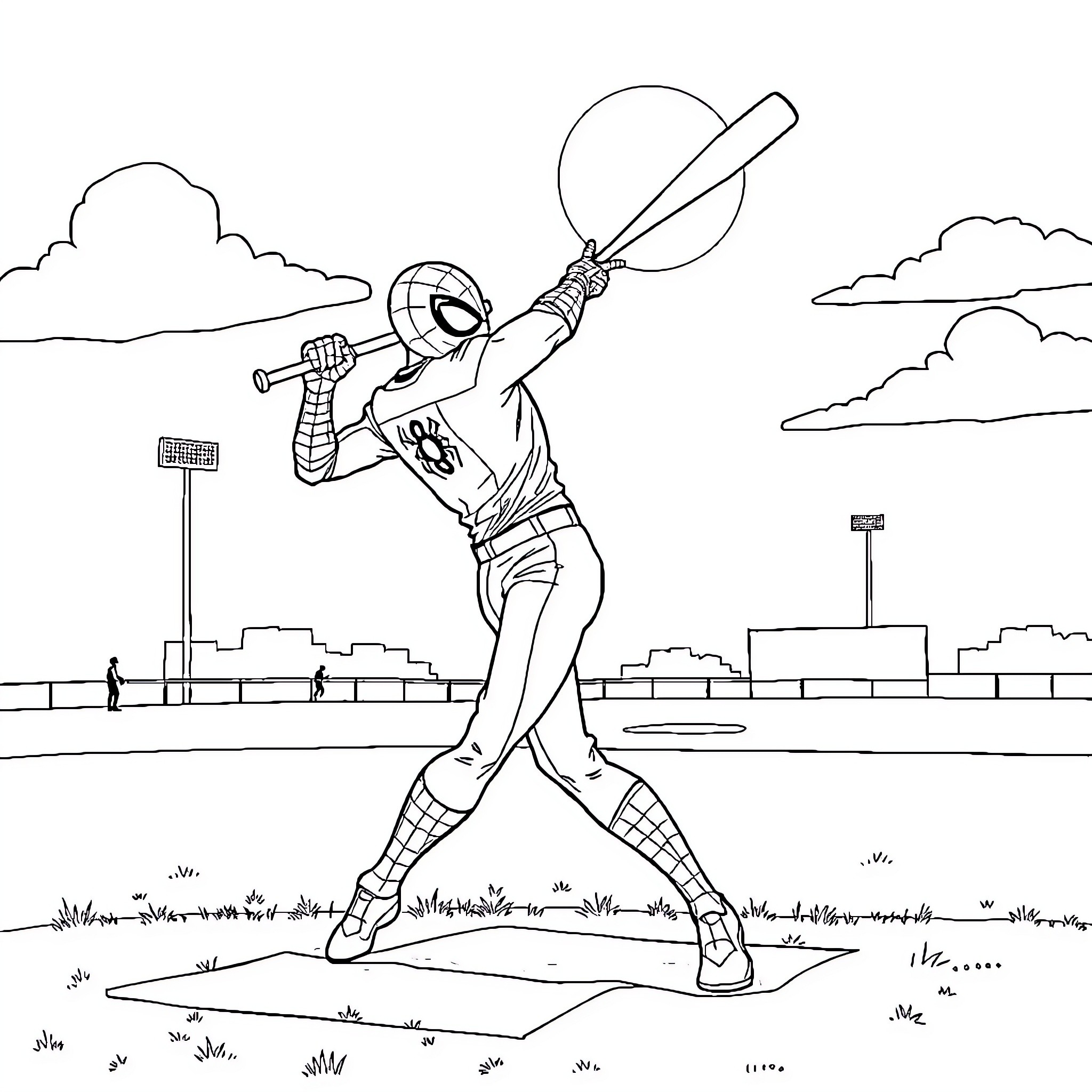 Spiderman batting at a baseball game Coloring Page (free black-and-white line drawing printable PDF for all, from beginners to advanced learners, including children, teens, adults, and seniors)