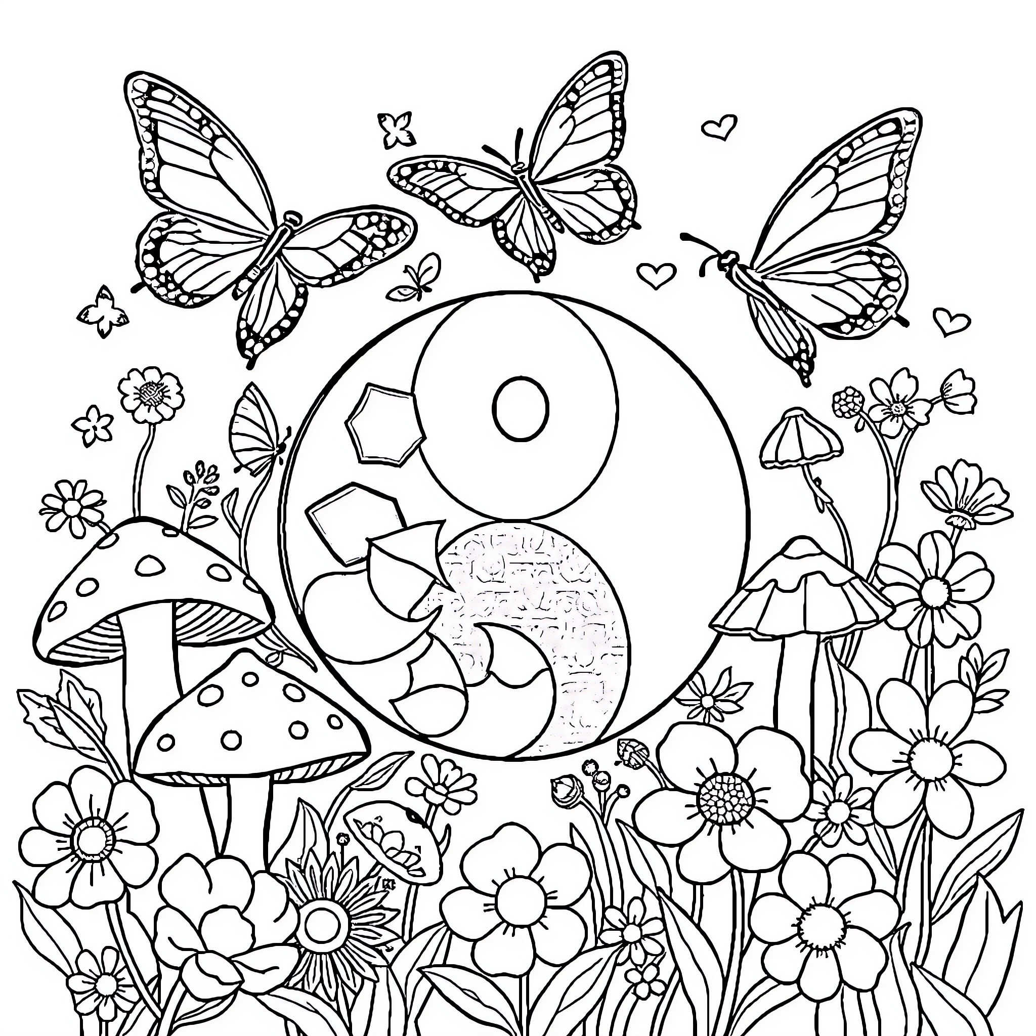 Butterfly garden with enchanting flora and fauna Coloring Page (free black-and-white line drawing printable PDF for all, from beginners to advanced learners, including children, teens, adults, and seniors)