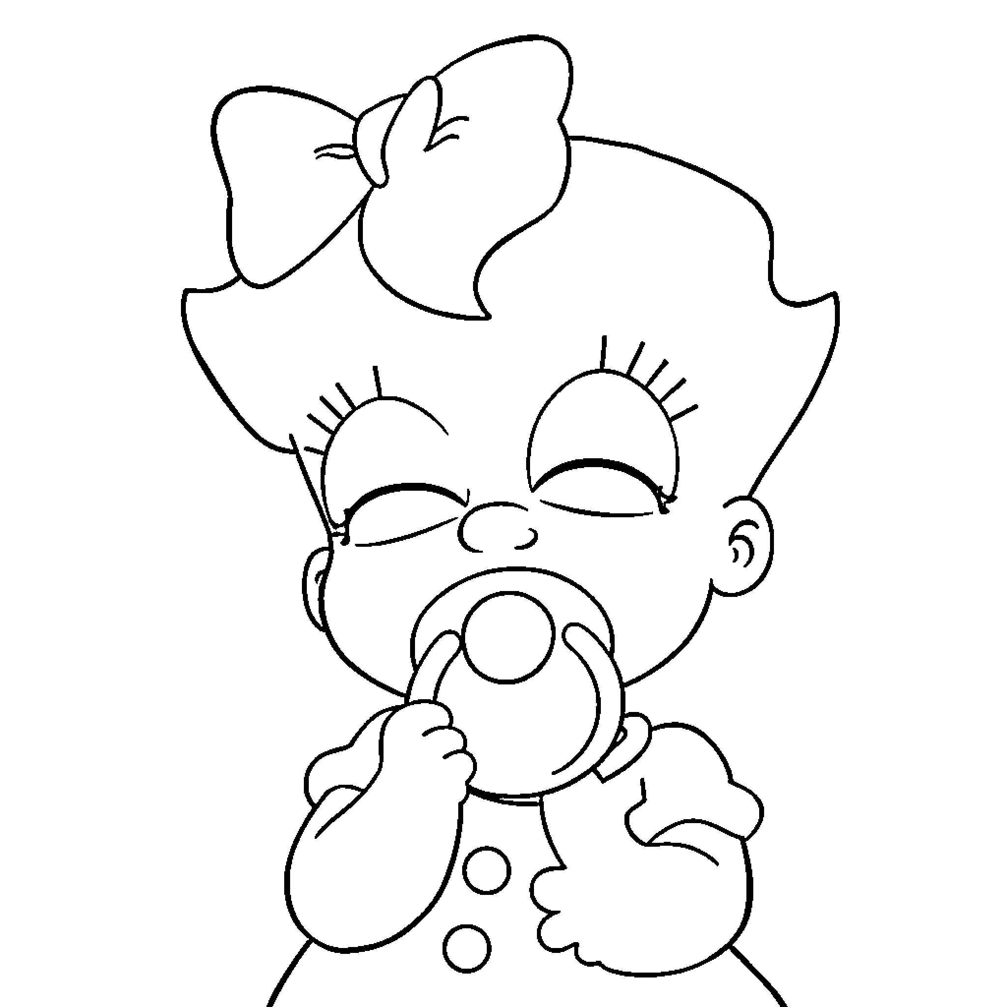 Maggie Simpson playing with a pacifier Coloring Page (free black-and-white line drawing printable PDF for all, from beginners to advanced learners, including children, teens, adults, and seniors)