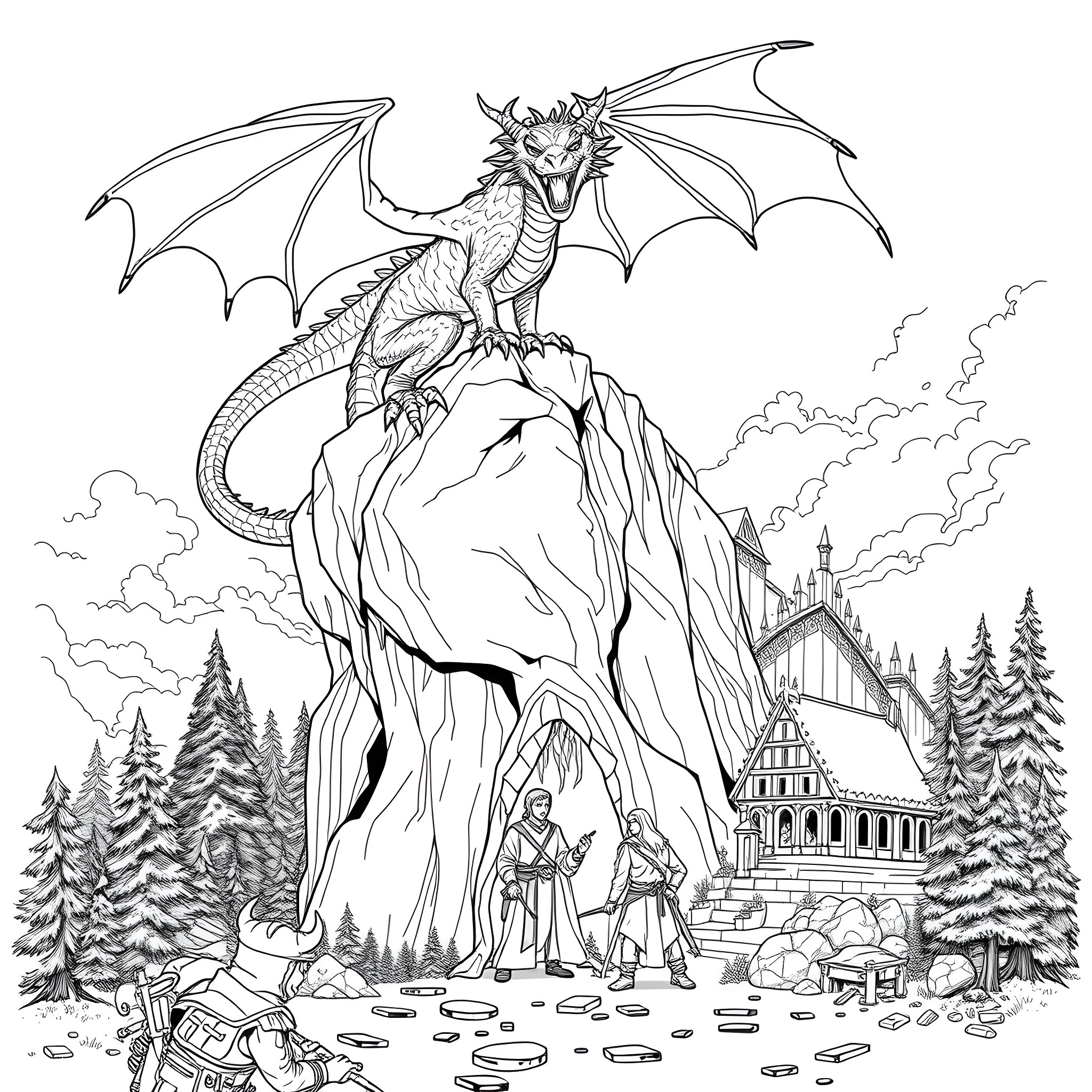Dungeons and Dragons - Mythical Dragon Guards Majestic Castle Coloring Page (free black-and-white line drawing printable PDF for all, from beginners to advanced learners, including children, teens, adults, and seniors)