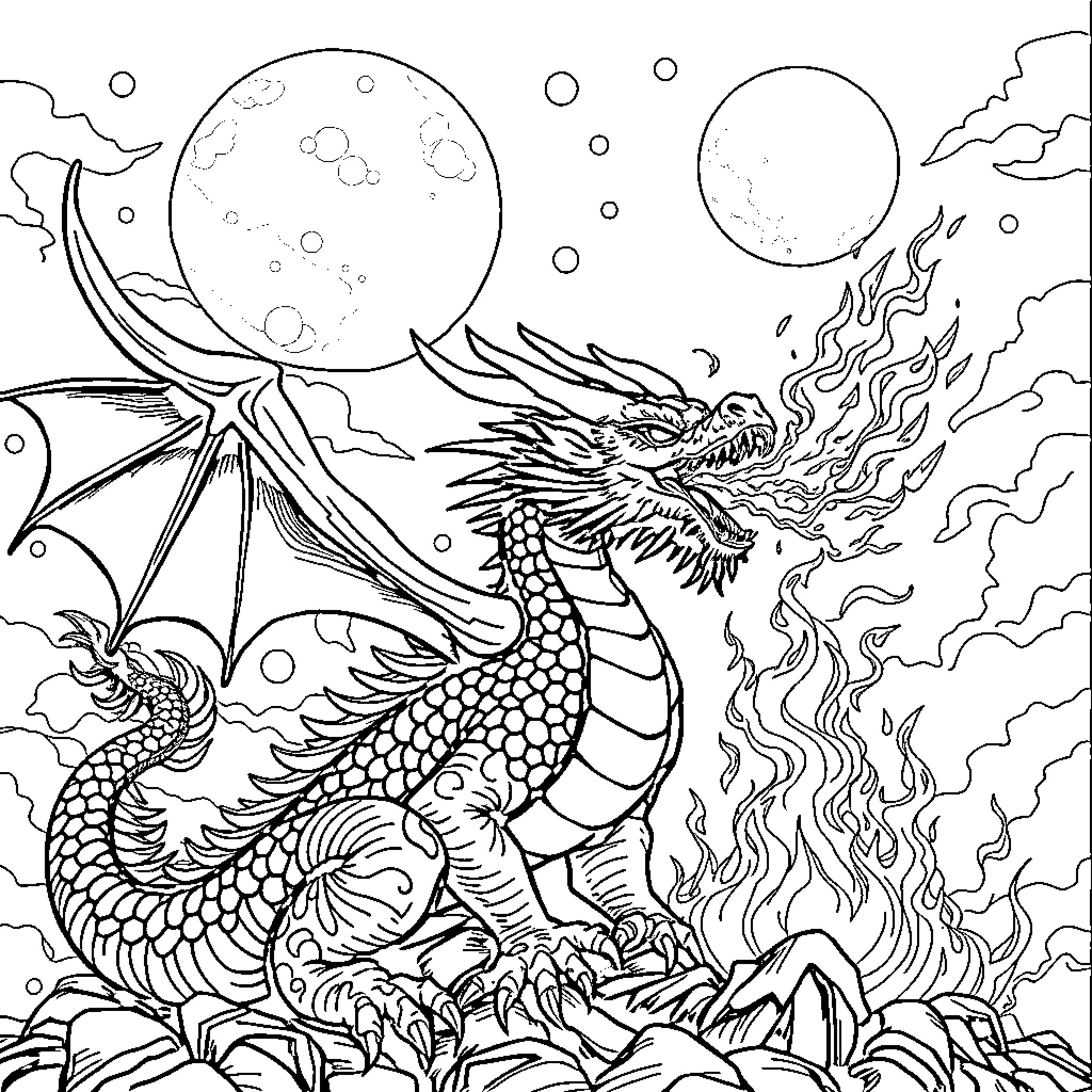Dragon breathing fire under starry sky Coloring Page (free black-and-white line drawing printable PDF for all, from beginners to advanced learners, including children, teens, adults, and seniors)