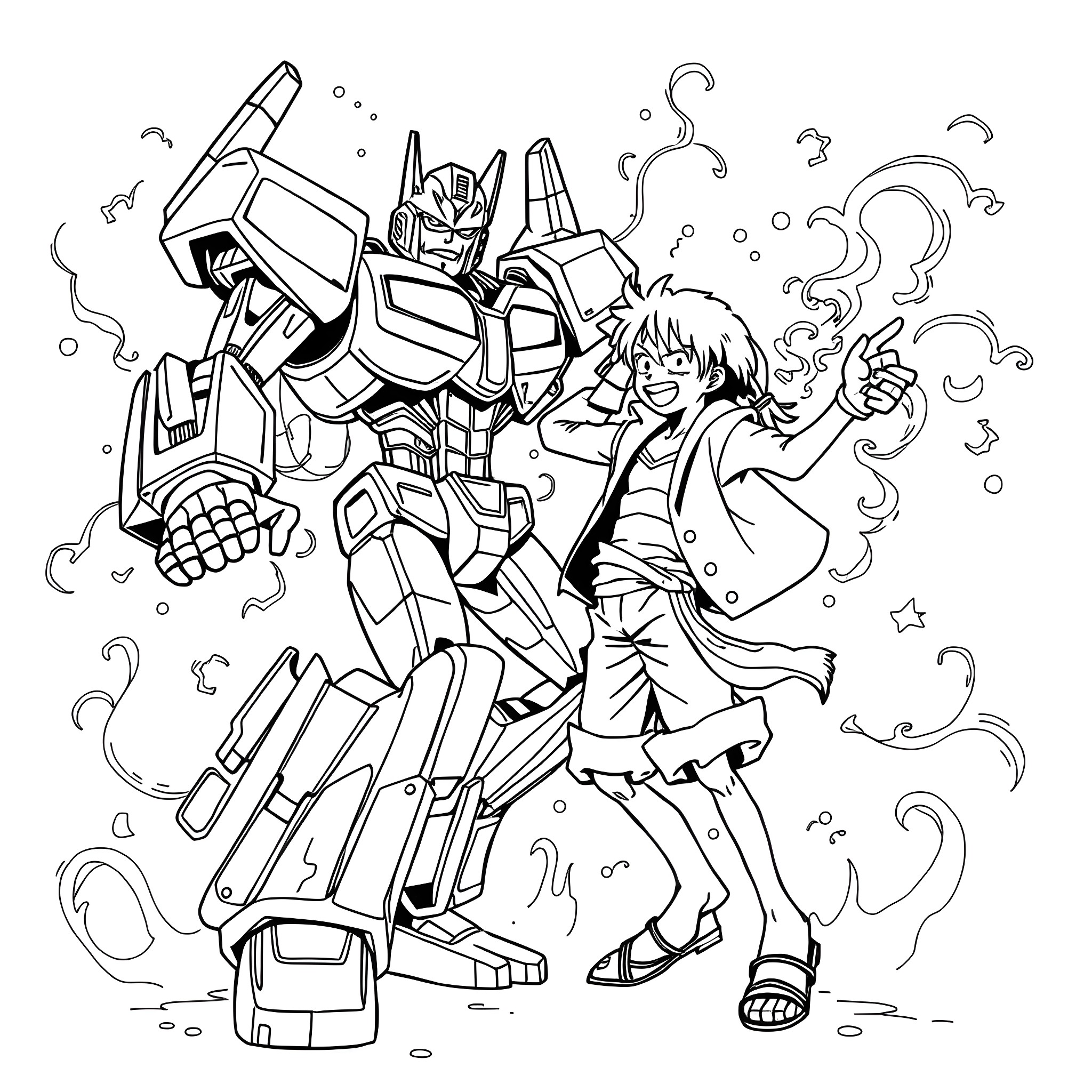 Megatron and a human companion in an action-packed scene Coloring Page (free black-and-white line drawing printable PDF for all, from beginners to advanced learners, including children, teens, adults, and seniors)
