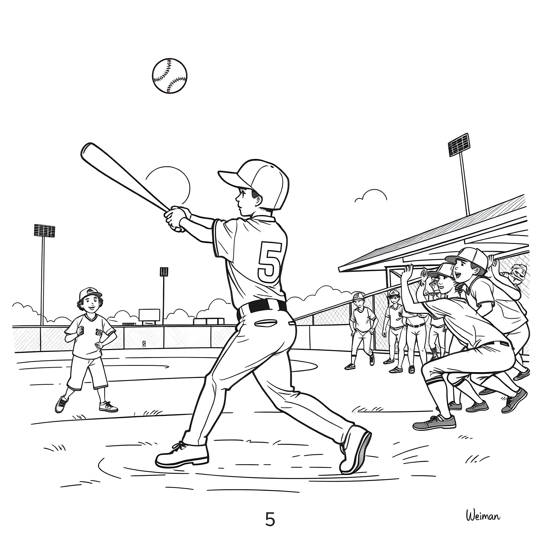 Kid playing baseball on the field Coloring Page (free black-and-white line drawing printable PDF for all, from beginners to advanced learners, including children, teens, adults, and seniors)