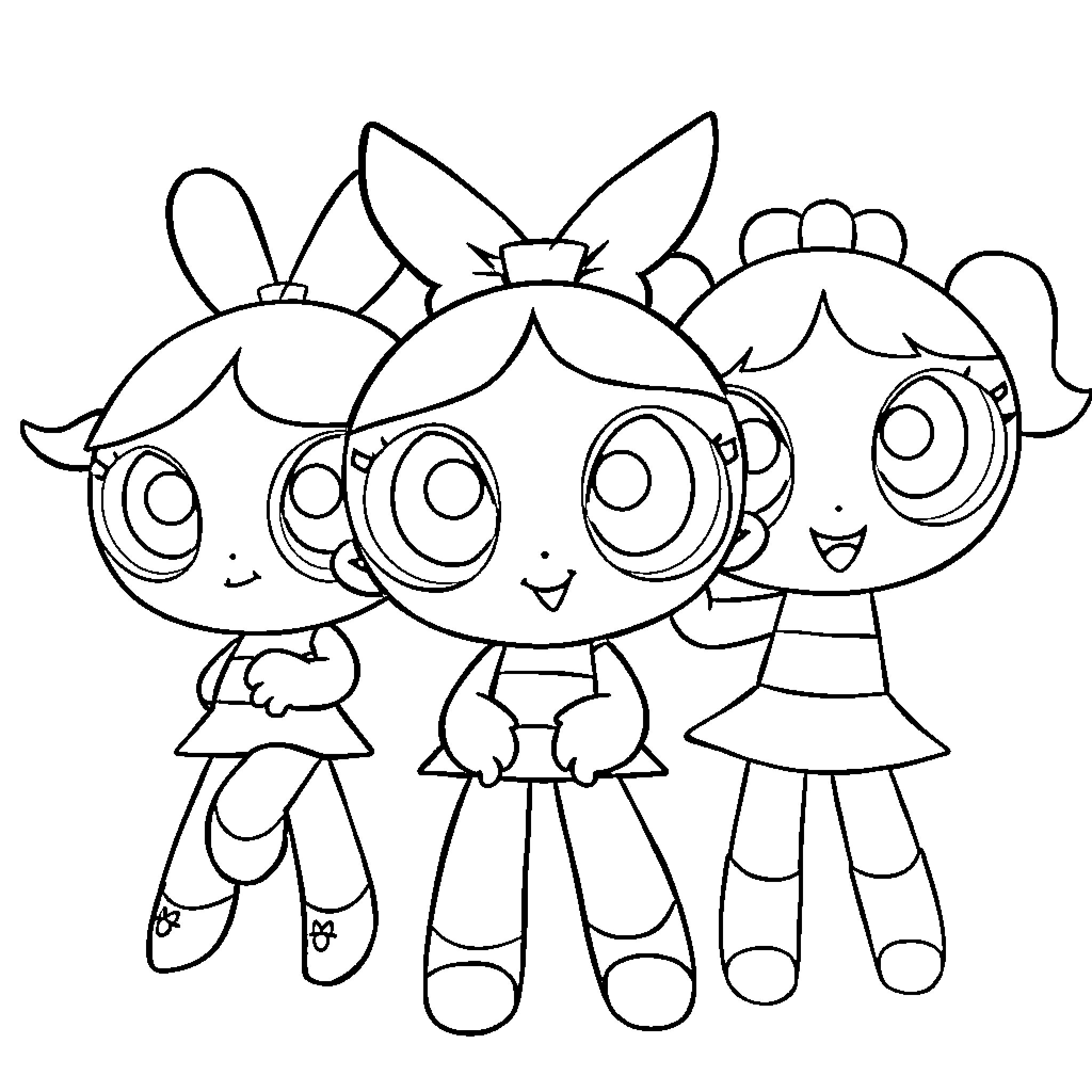 Powerpuff Girls posing in their signature outfits Coloring Page (free black-and-white line drawing printable PDF for all, from beginners to advanced learners, including children, teens, adults, and seniors)