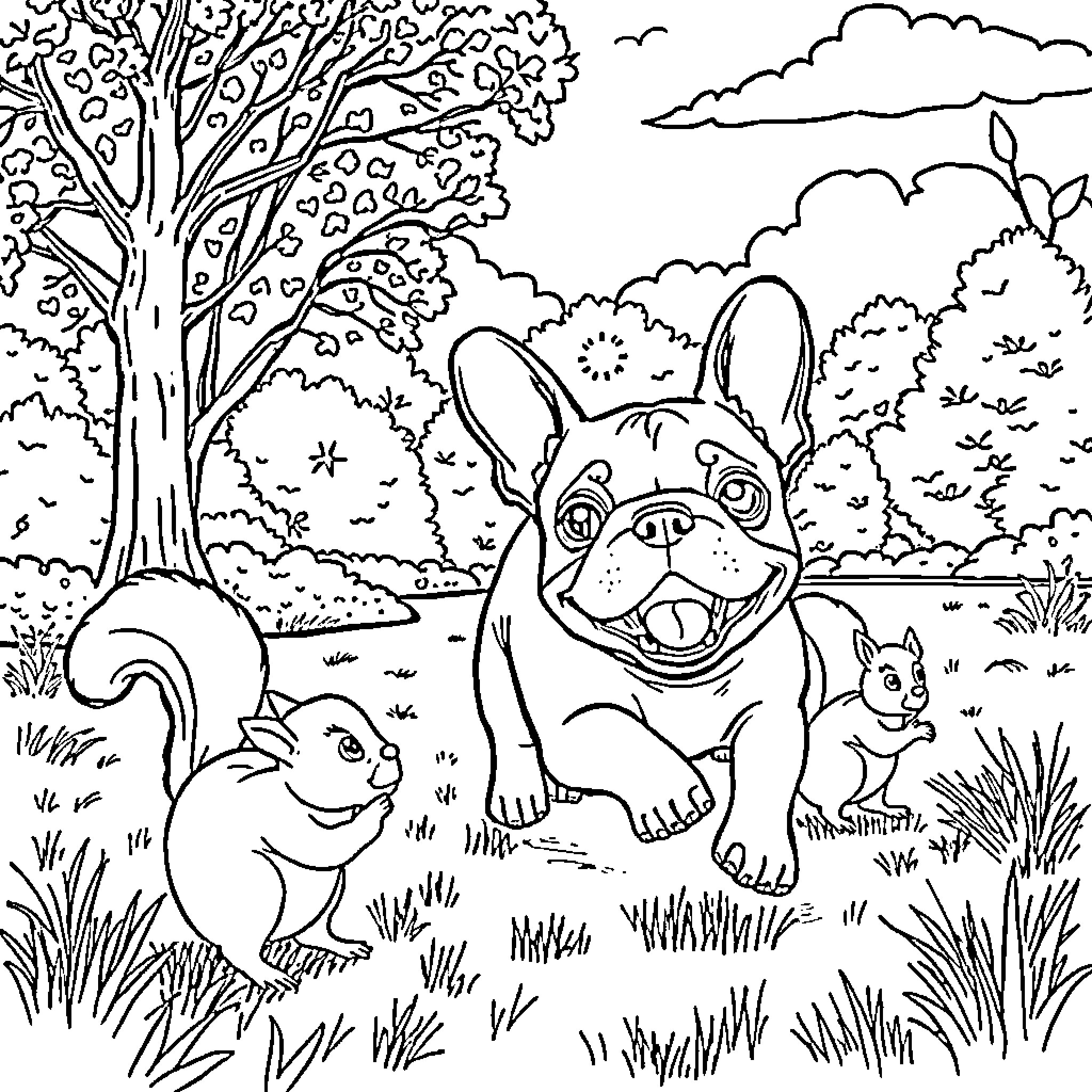 Frenchie exploring the forest with furry friends Coloring Page (free black-and-white line drawing printable PDF for all, from beginners to advanced learners, including children, teens, adults, and seniors)