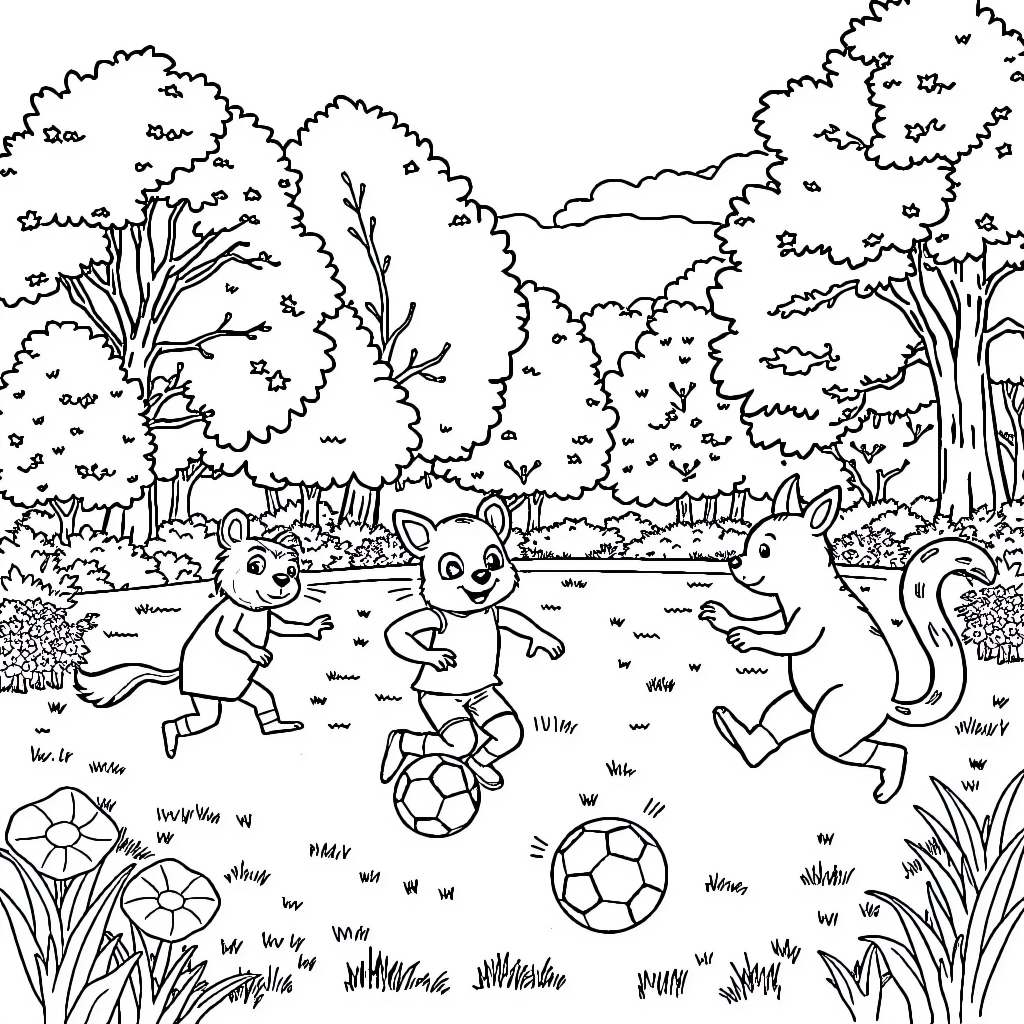 Animals Playing Together in the Forest Coloring Page (free black-and-white line drawing printable PDF for all, from beginners to advanced learners, including children, teens, adults, and seniors)