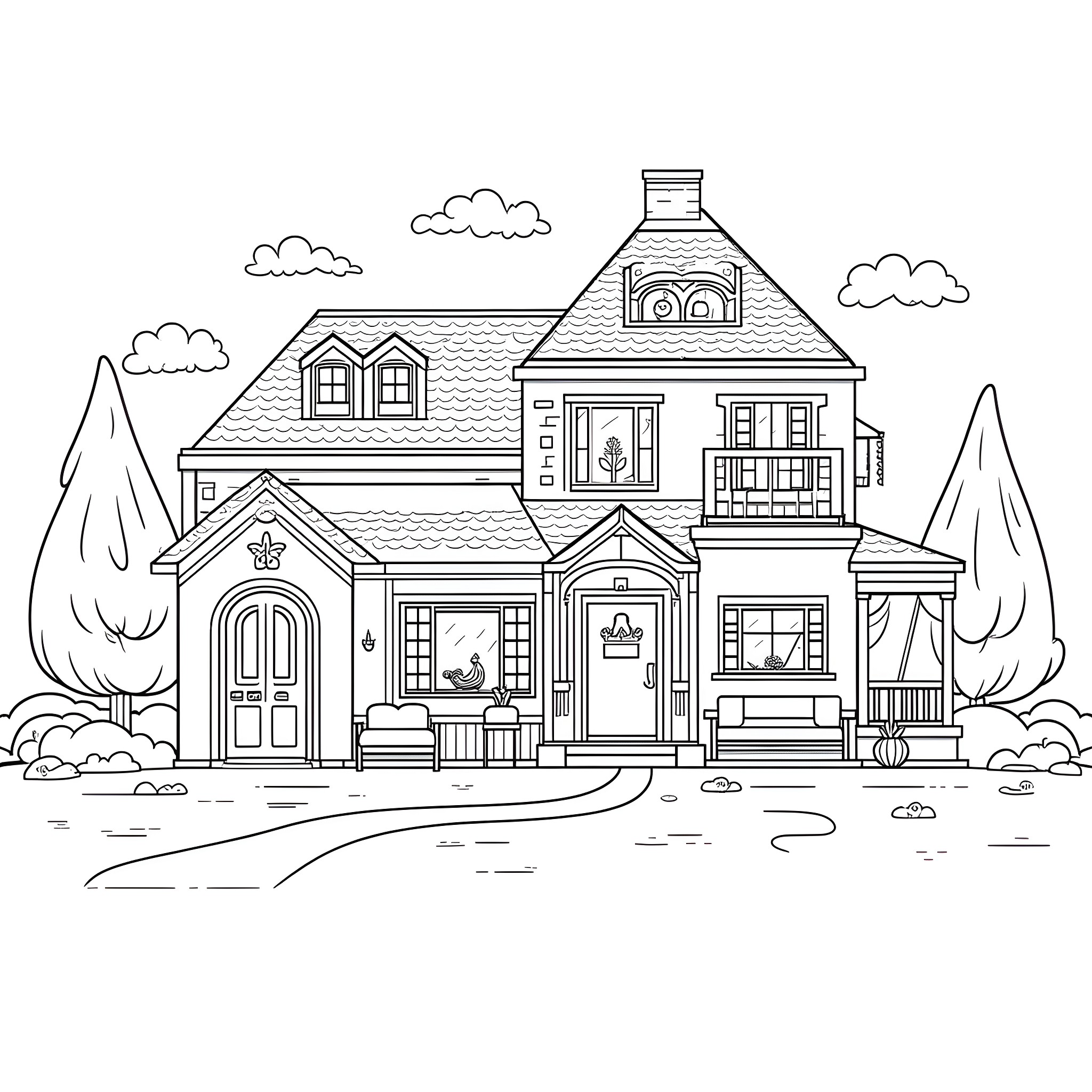 Toca Boca Victorian Mansion in the Park Coloring Page (free black-and-white line drawing printable PDF for all, from beginners to advanced learners, including children, teens, adults, and seniors)