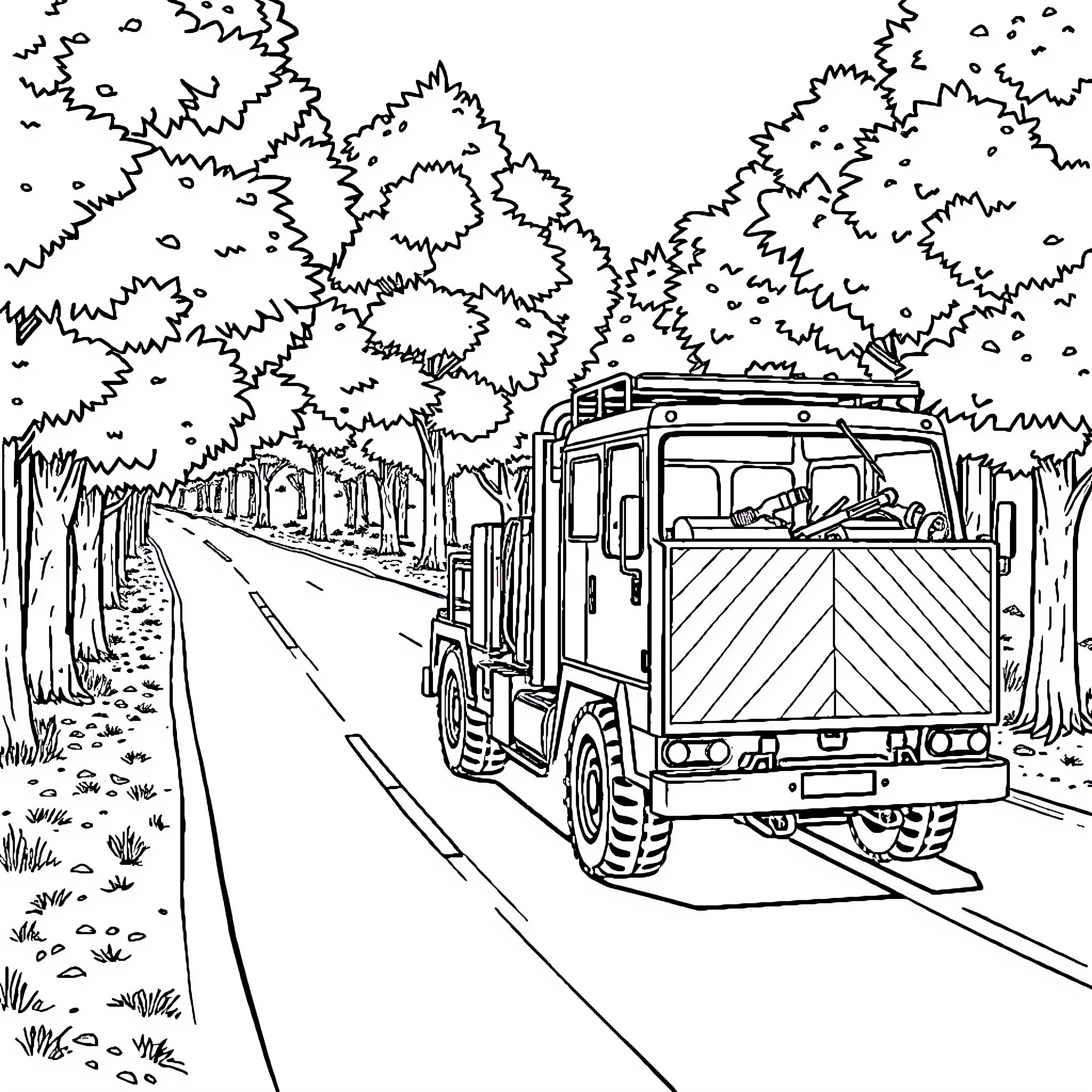 Vehicule driving through forested road Coloring Page (free black-and-white line drawing printable PDF for all, from beginners to advanced learners, including children, teens, adults, and seniors)