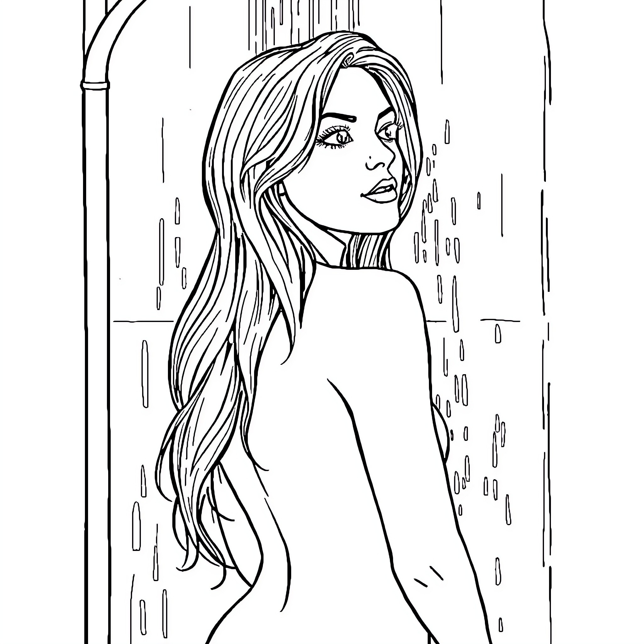 Wife standing in the rain with long hair Coloring Page (free black-and-white line drawing printable PDF for all, from beginners to advanced learners, including children, teens, adults, and seniors)