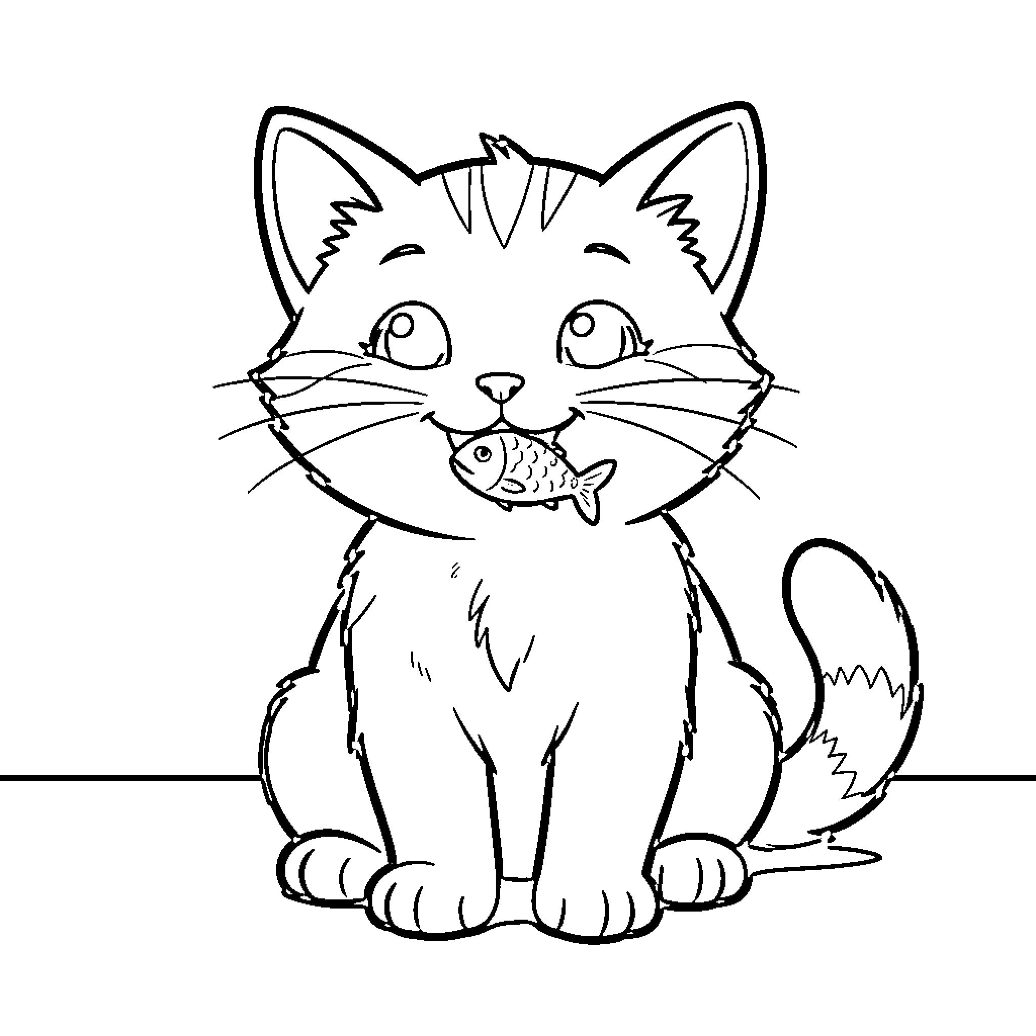 Kitten sitting happily while holding a small fish Coloring Page (free black-and-white line drawing printable PDF for all, from beginners to advanced learners, including children, teens, adults, and seniors)