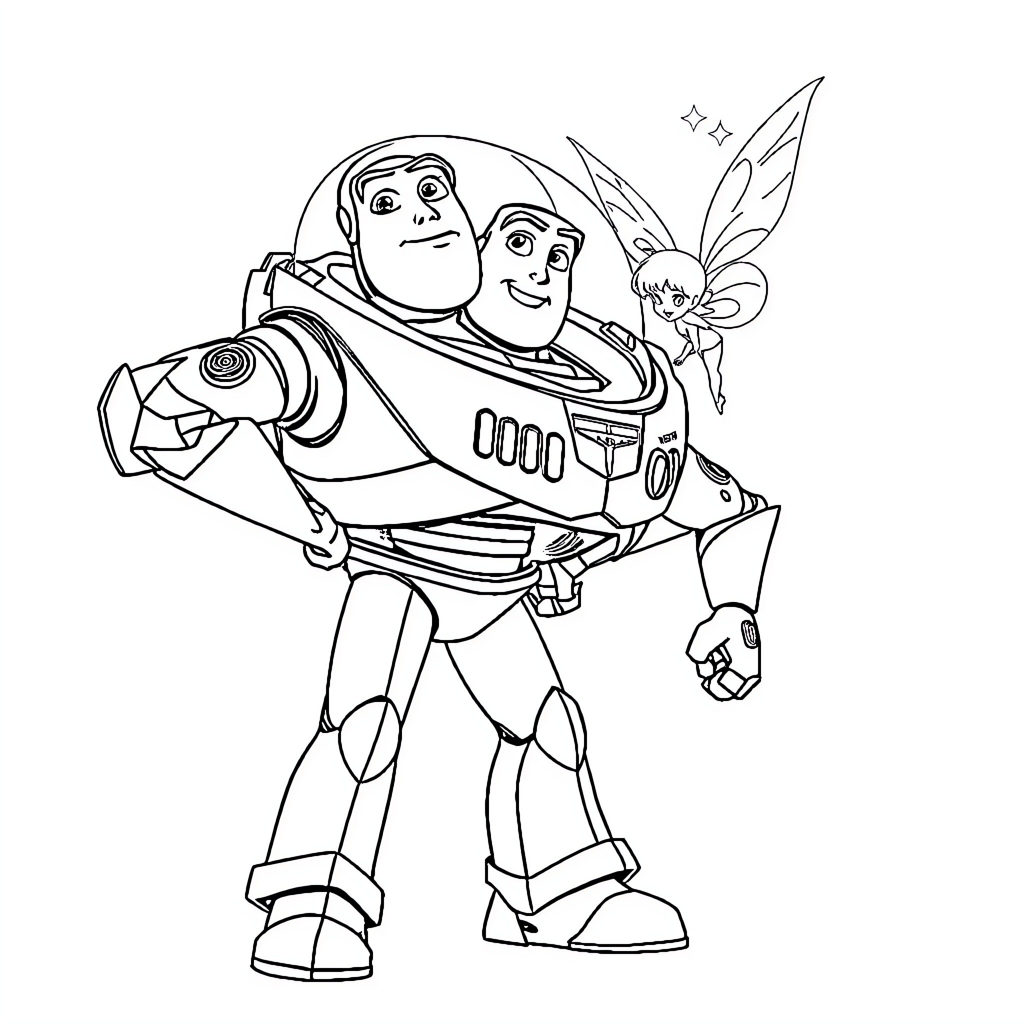 Buzz Lightyear and Friends on a Mission Coloring Page (free black-and-white line drawing printable PDF for all, from beginners to advanced learners, including children, teens, adults, and seniors)