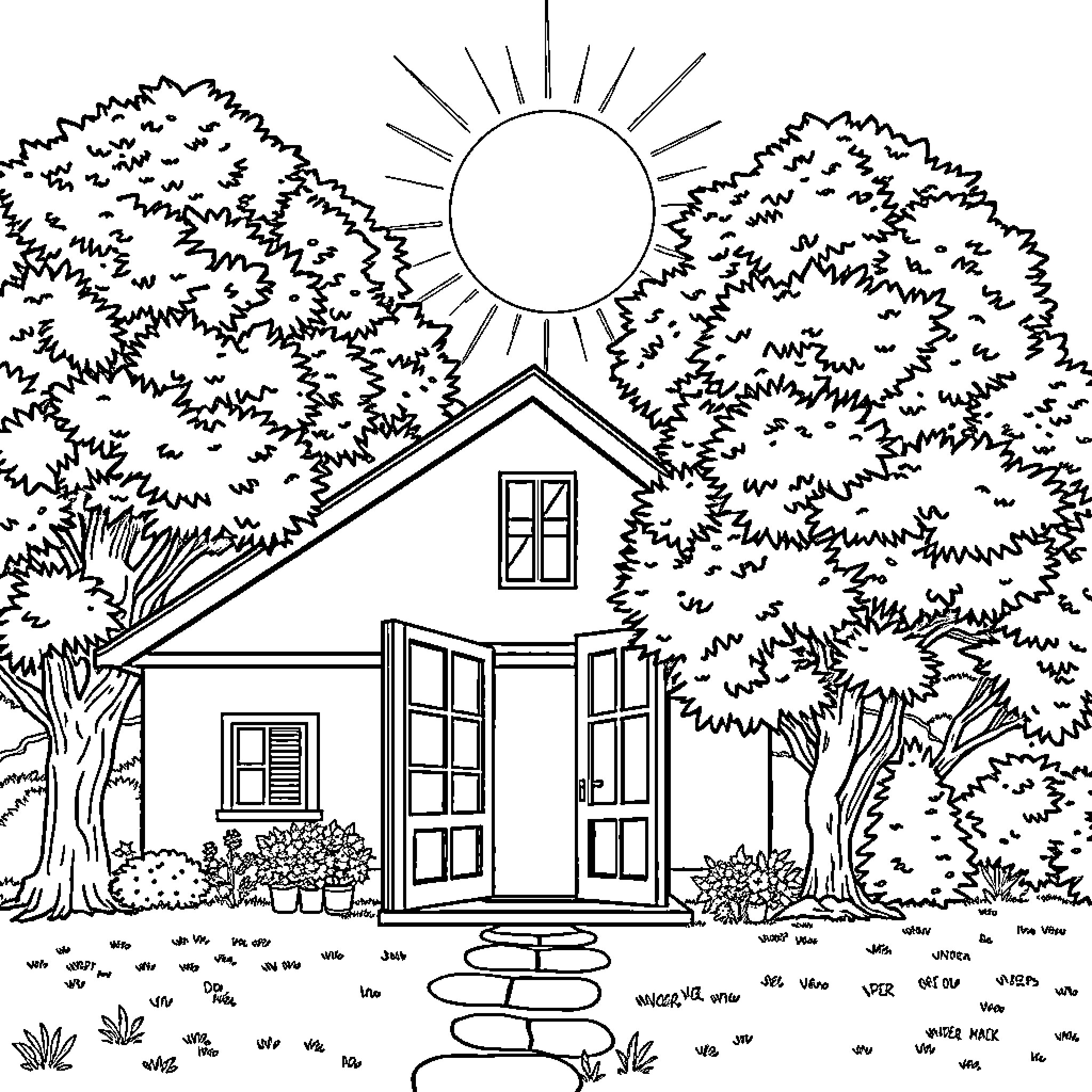 House surrounded by nature's scenery Coloring Page (free black-and-white line drawing printable PDF for all, from beginners to advanced learners, including children, teens, adults, and seniors)