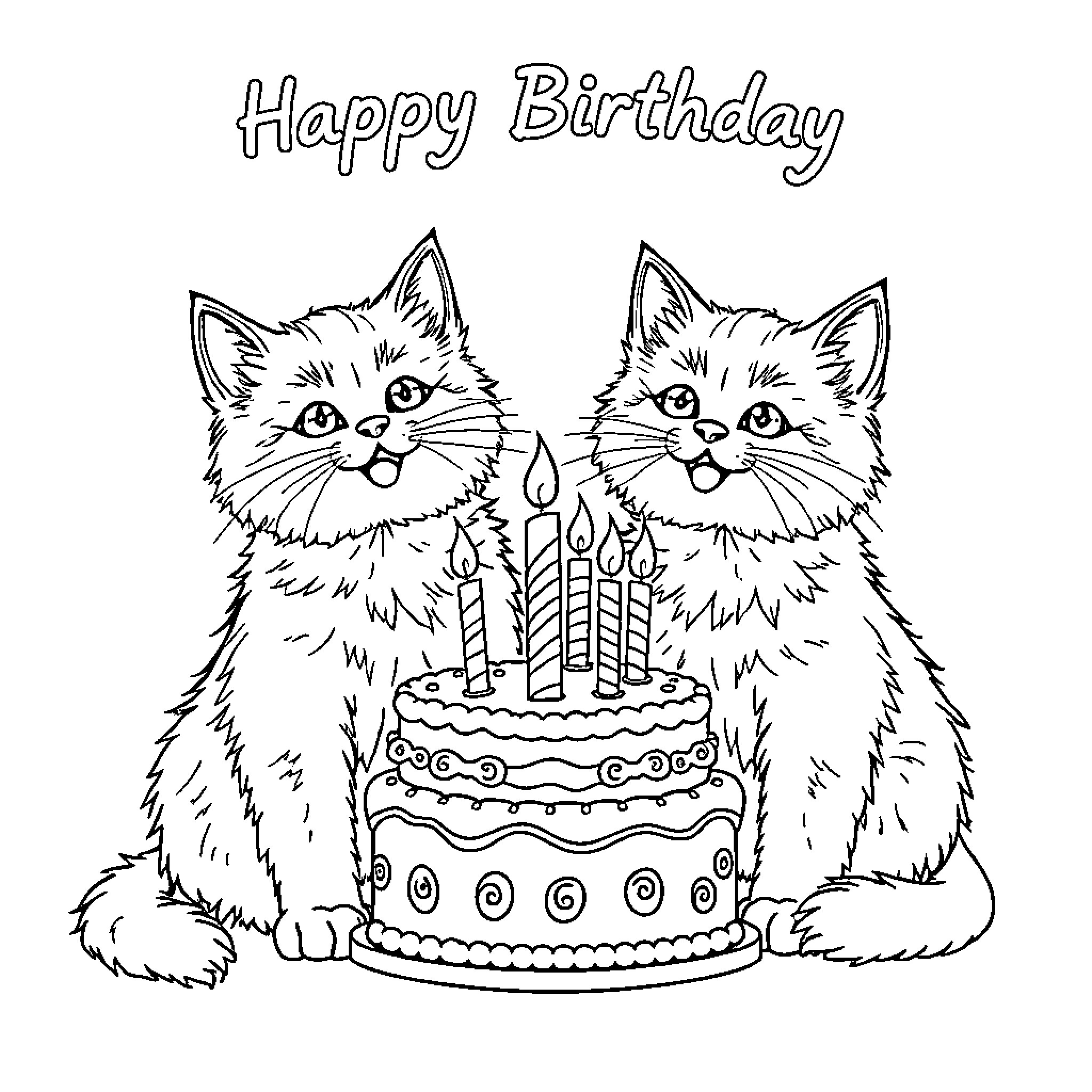 Cats celebrating with birthday cake Coloring Page (free black-and-white line drawing printable PDF for all, from beginners to advanced learners, including children, teens, adults, and seniors)