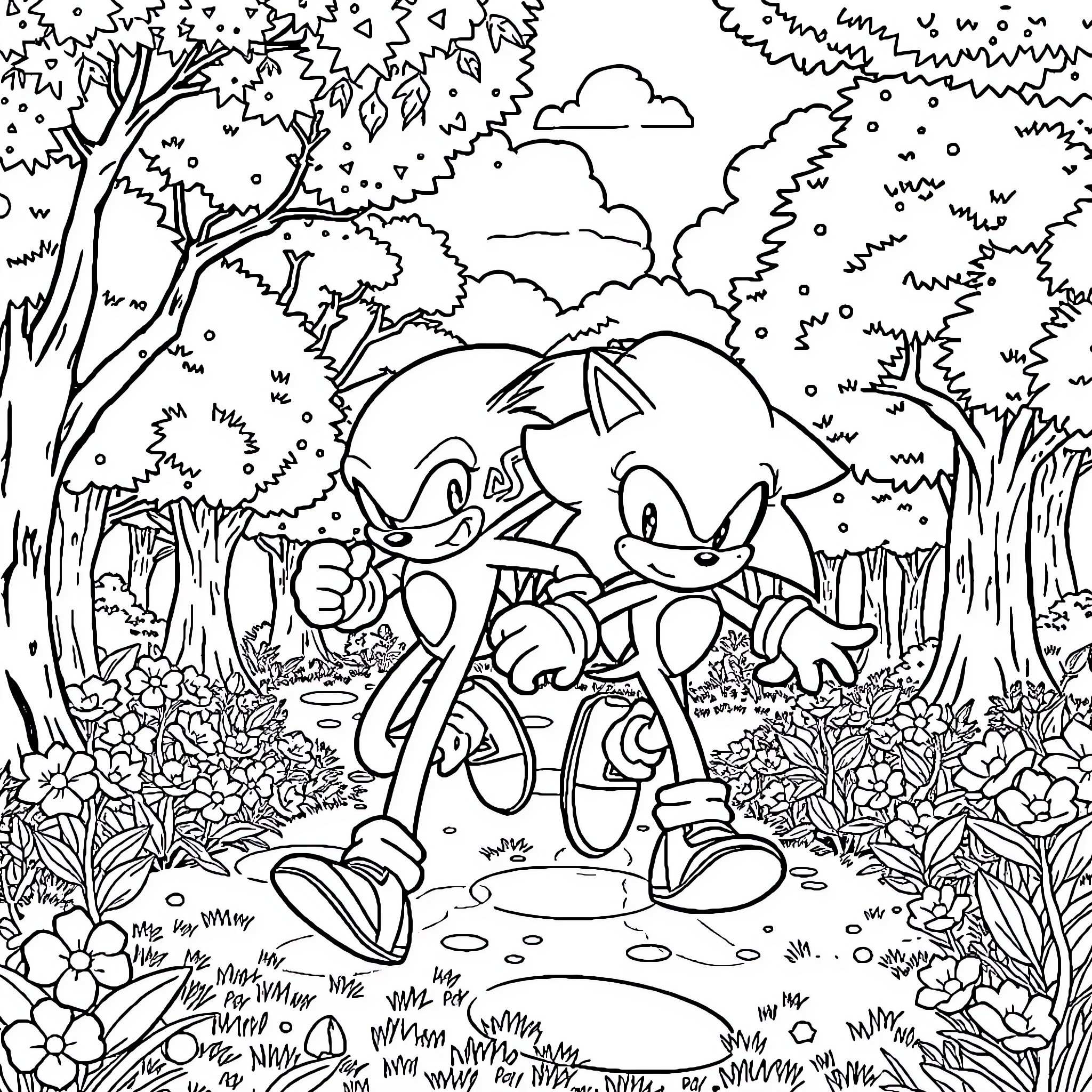 Flash of Mischievous Hedgehog Antics in the Woods Coloring Page (free black-and-white line drawing printable PDF for all, from beginners to advanced learners, including children, teens, adults, and seniors)
