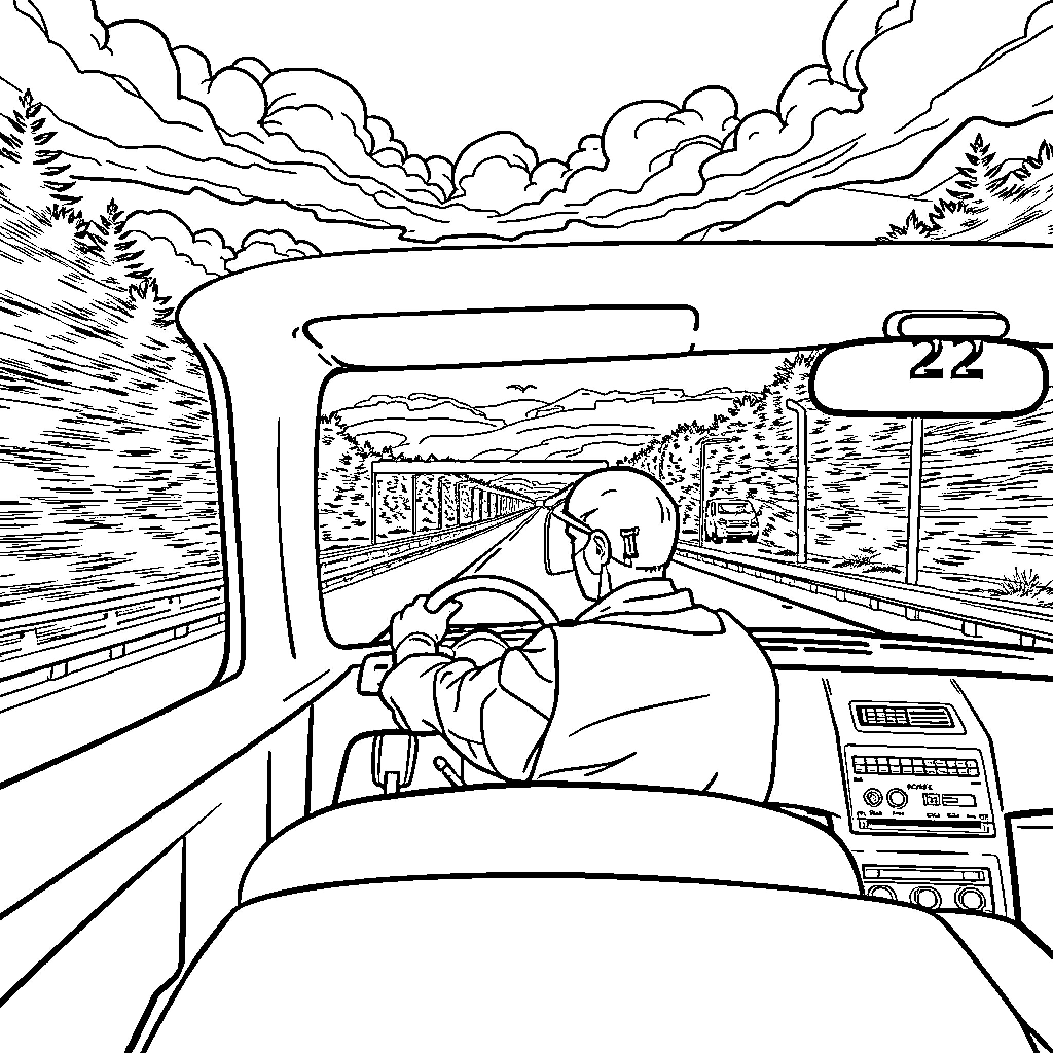 Phlebotomist driving a car on the highway Coloring Page (free black-and-white line drawing printable PDF for all, from beginners to advanced learners, including children, teens, adults, and seniors)