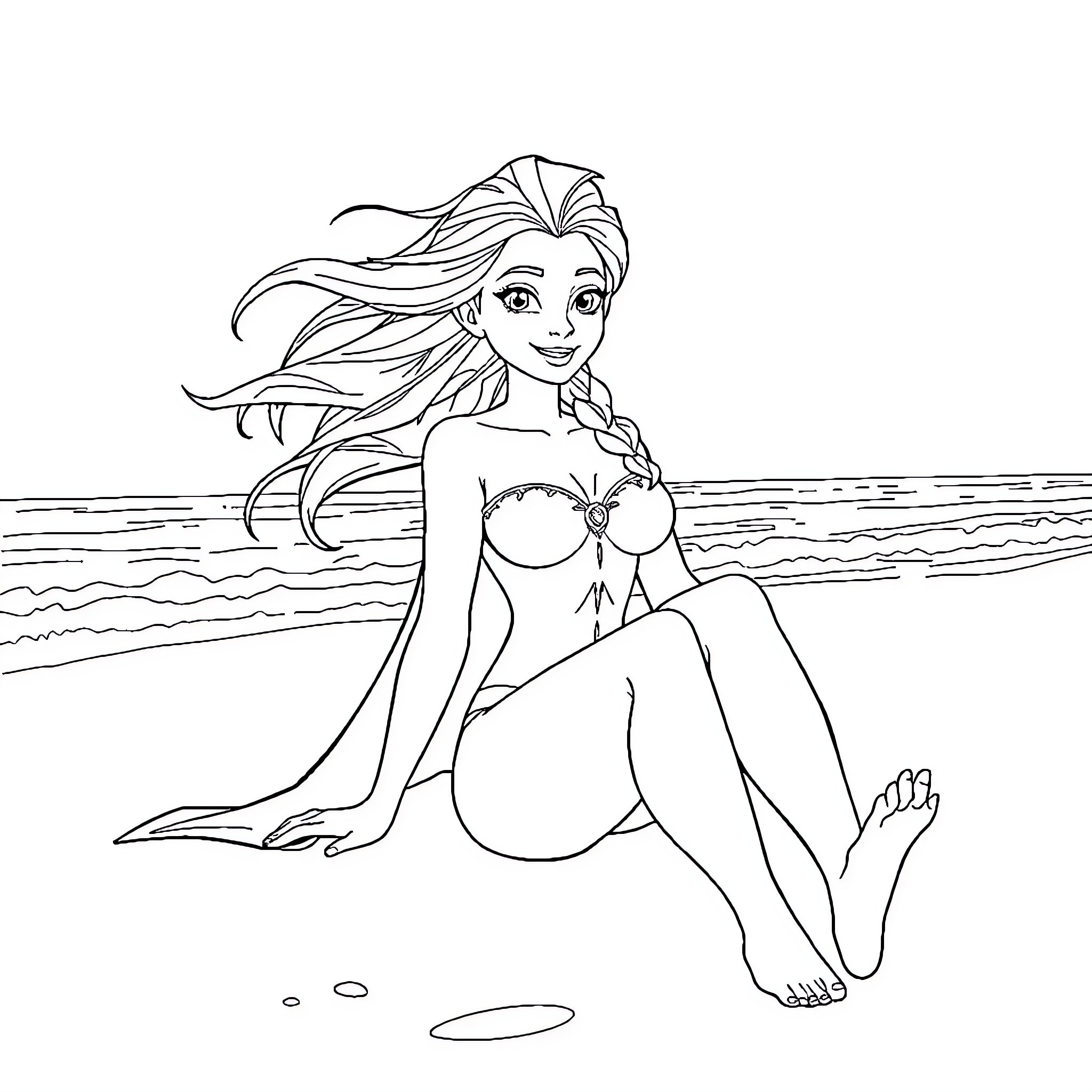 Elsa enjoying a day at the beach Coloring Page (free black-and-white line drawing printable PDF for all, from beginners to advanced learners, including children, teens, adults, and seniors)