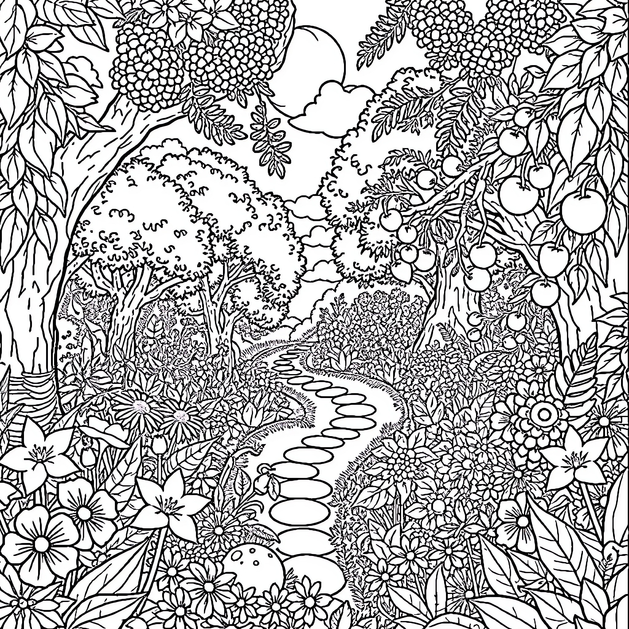 Garden of Lush Foliage and Blooming Flowers Coloring Page (free black-and-white line drawing printable PDF for all, from beginners to advanced learners, including children, teens, adults, and seniors)