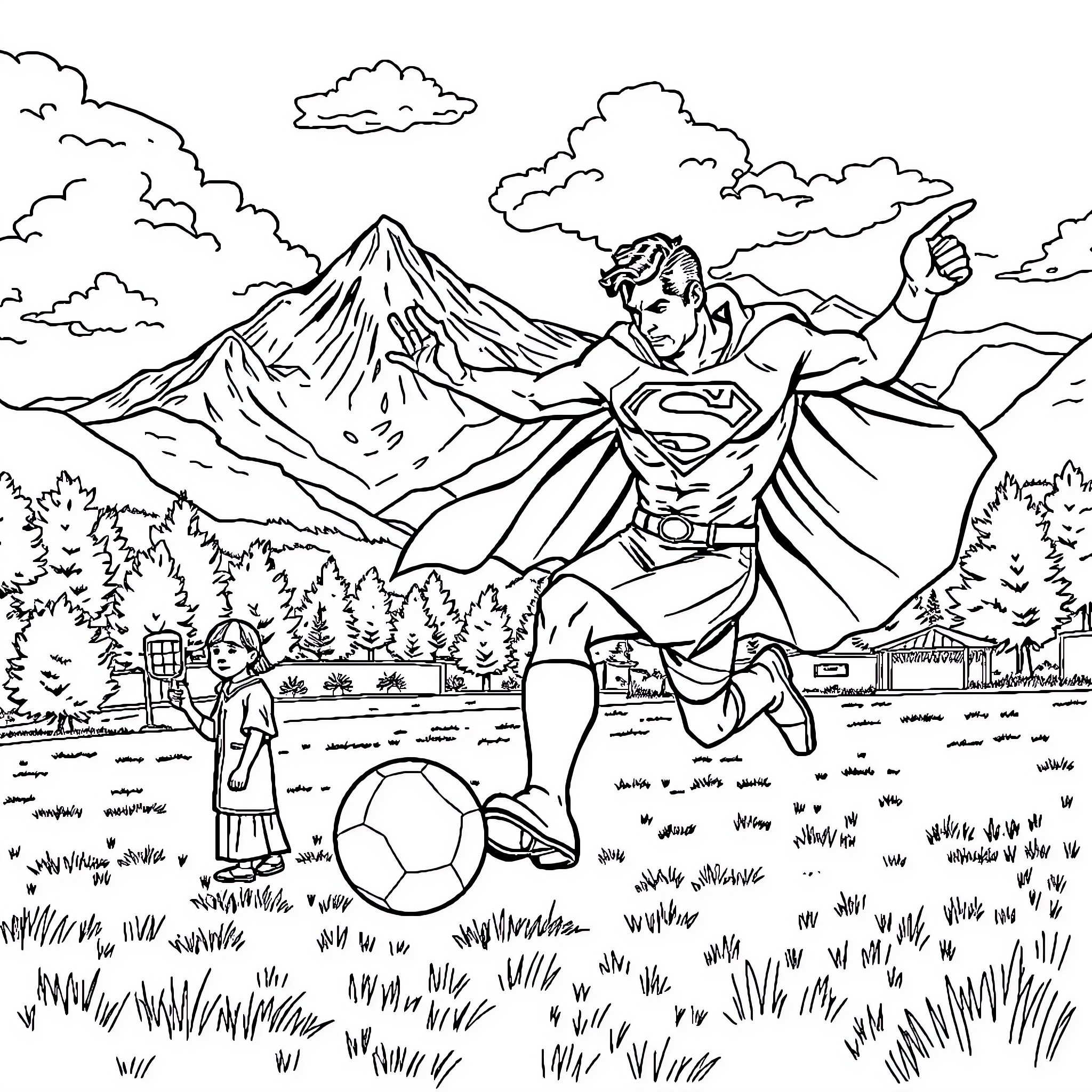 Superman flying over the mountain and playing soccer with a child Coloring Page (free black-and-white line drawing printable PDF for all, from beginners to advanced learners, including children, teens, adults, and seniors)