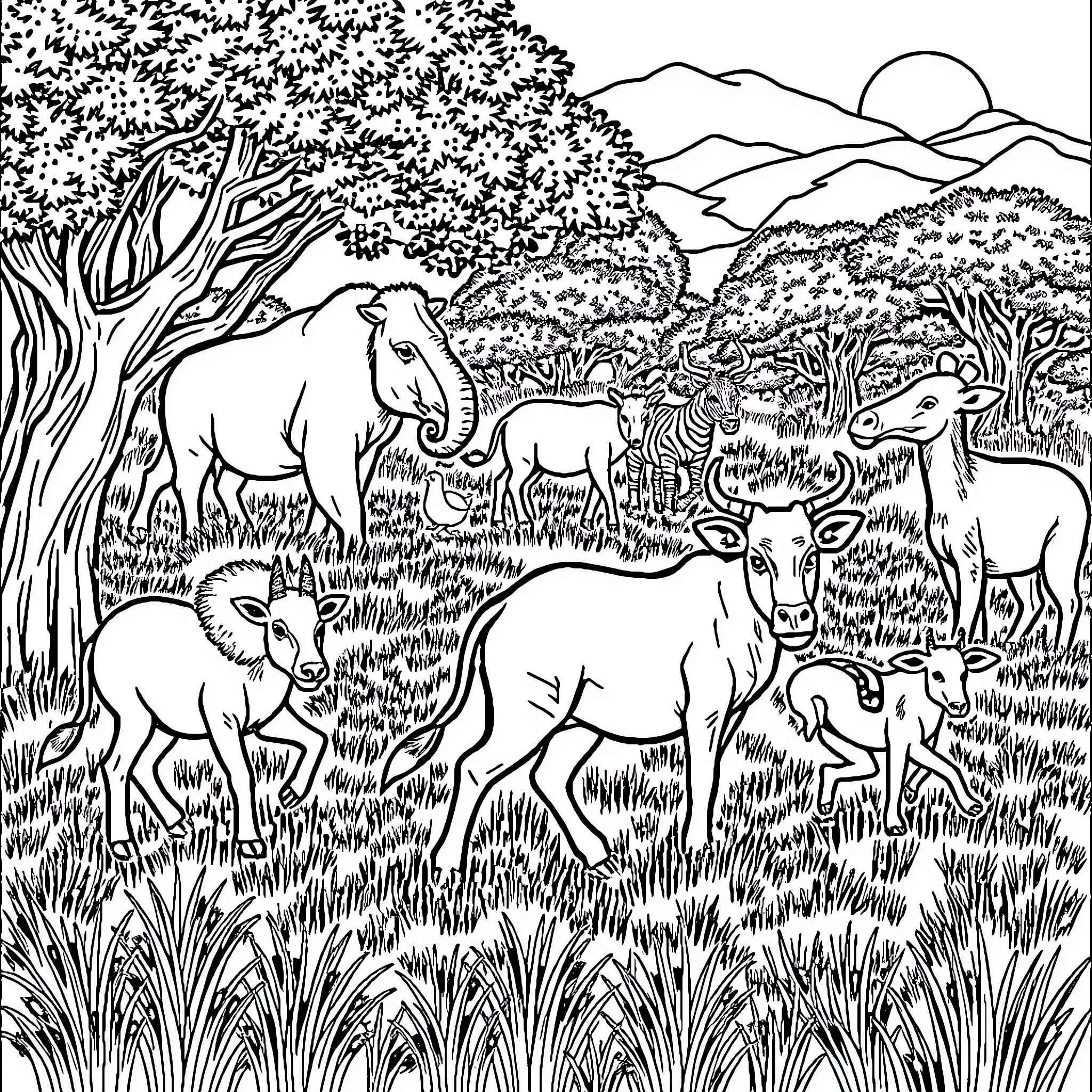 Animal Herd Grazing in Lush Landscape Coloring Page (free black-and-white line drawing printable PDF for all, from beginners to advanced learners, including children, teens, adults, and seniors)