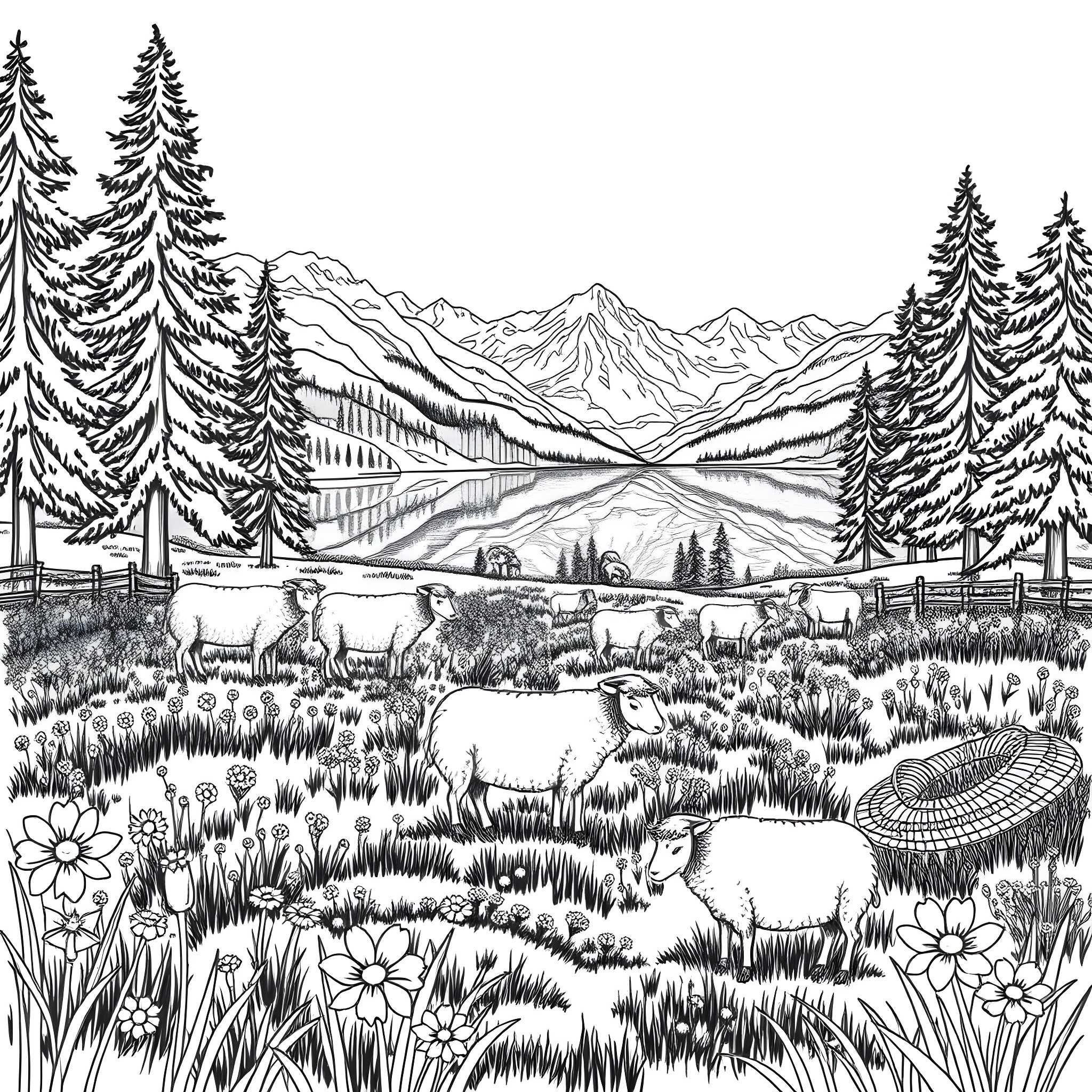 Sheep grazing peacefully in a scenic mountain landscape Coloring Page (free black-and-white line drawing printable PDF for all, from beginners to advanced learners, including children, teens, adults, and seniors)