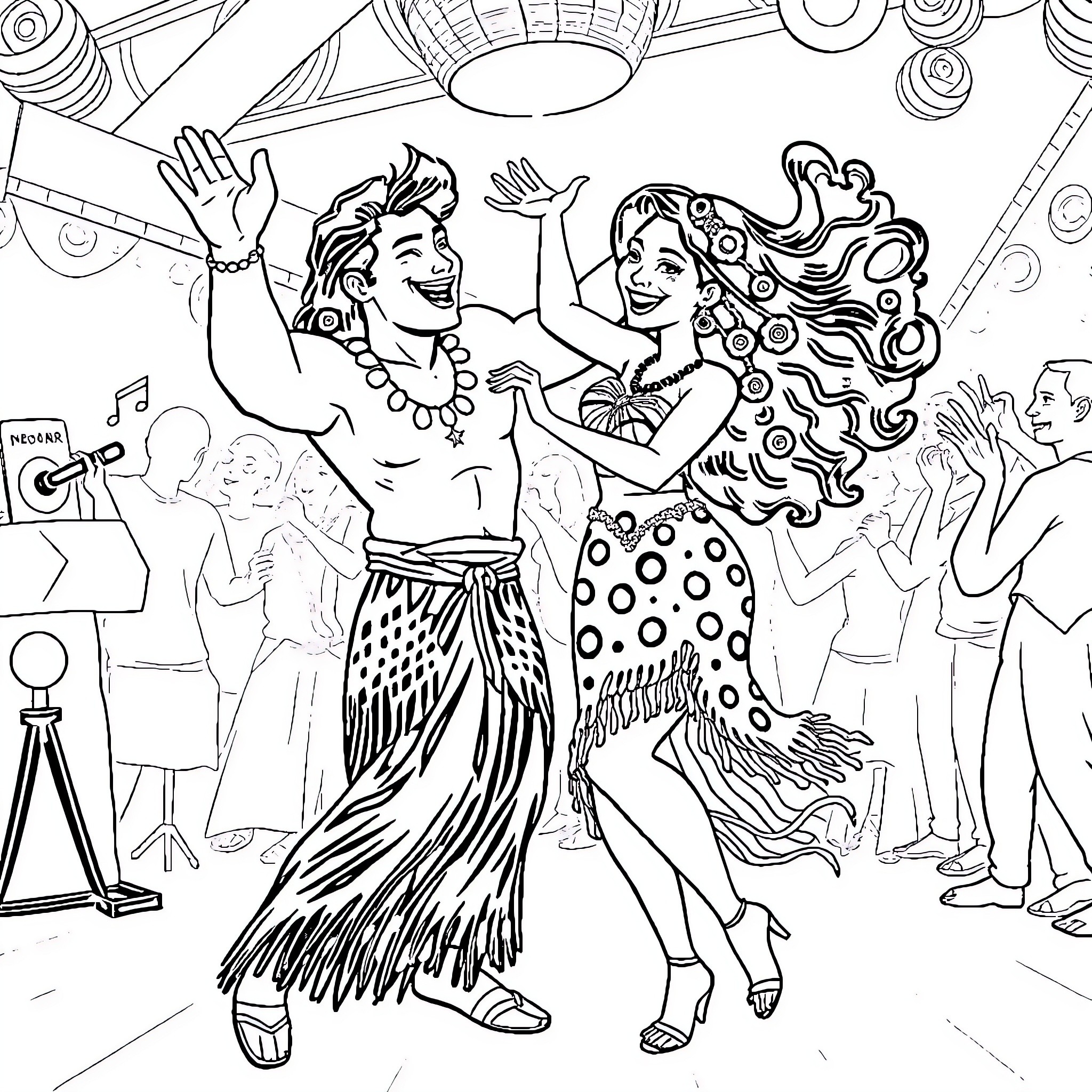 Moana dancing joyfully with her friend at a party Coloring Page (free black-and-white line drawing printable PDF for all, from beginners to advanced learners, including children, teens, adults, and seniors)