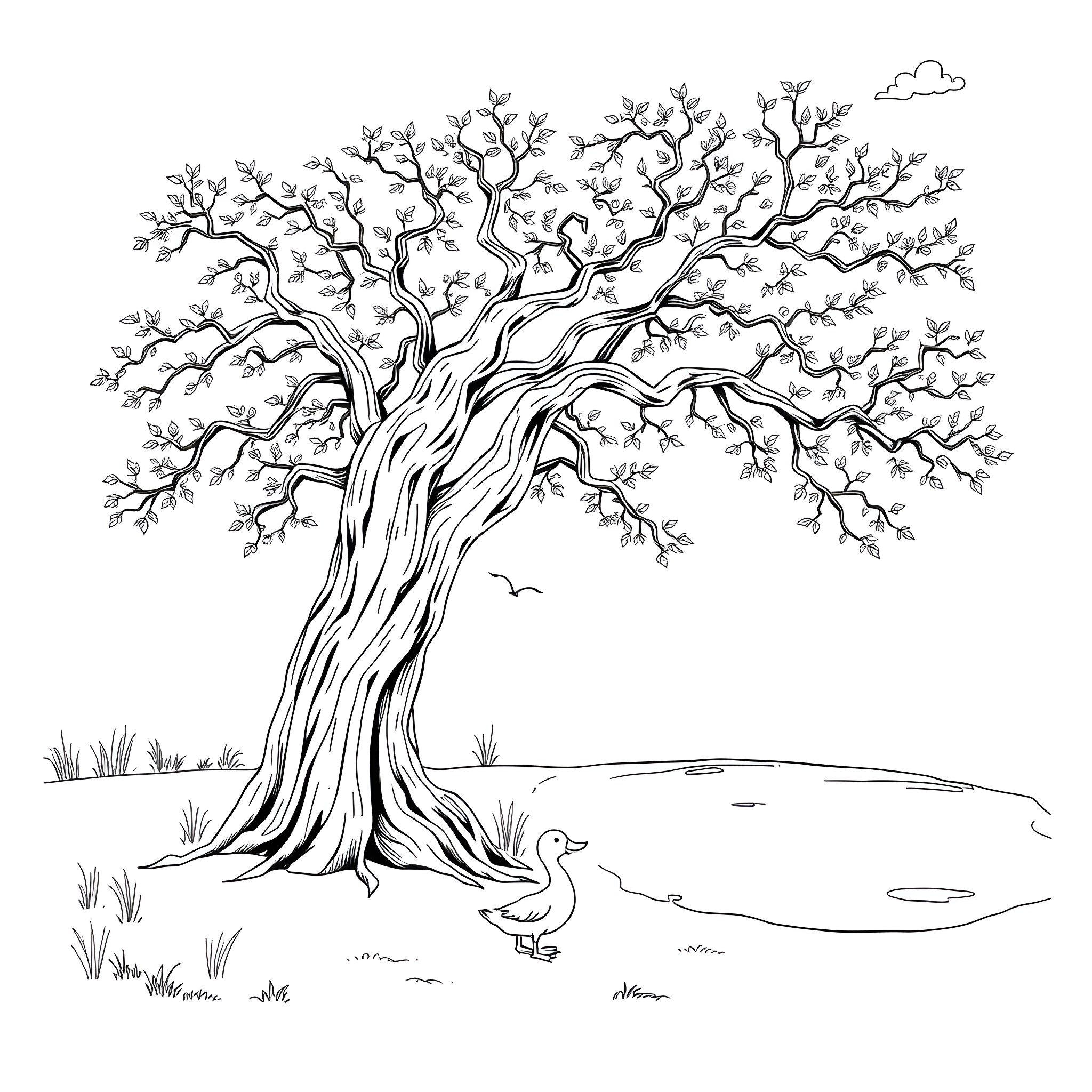 Tree with Intricate Branches and Nature Scene Coloring Page (free black-and-white line drawing printable PDF for all, from beginners to advanced learners, including children, teens, adults, and seniors)