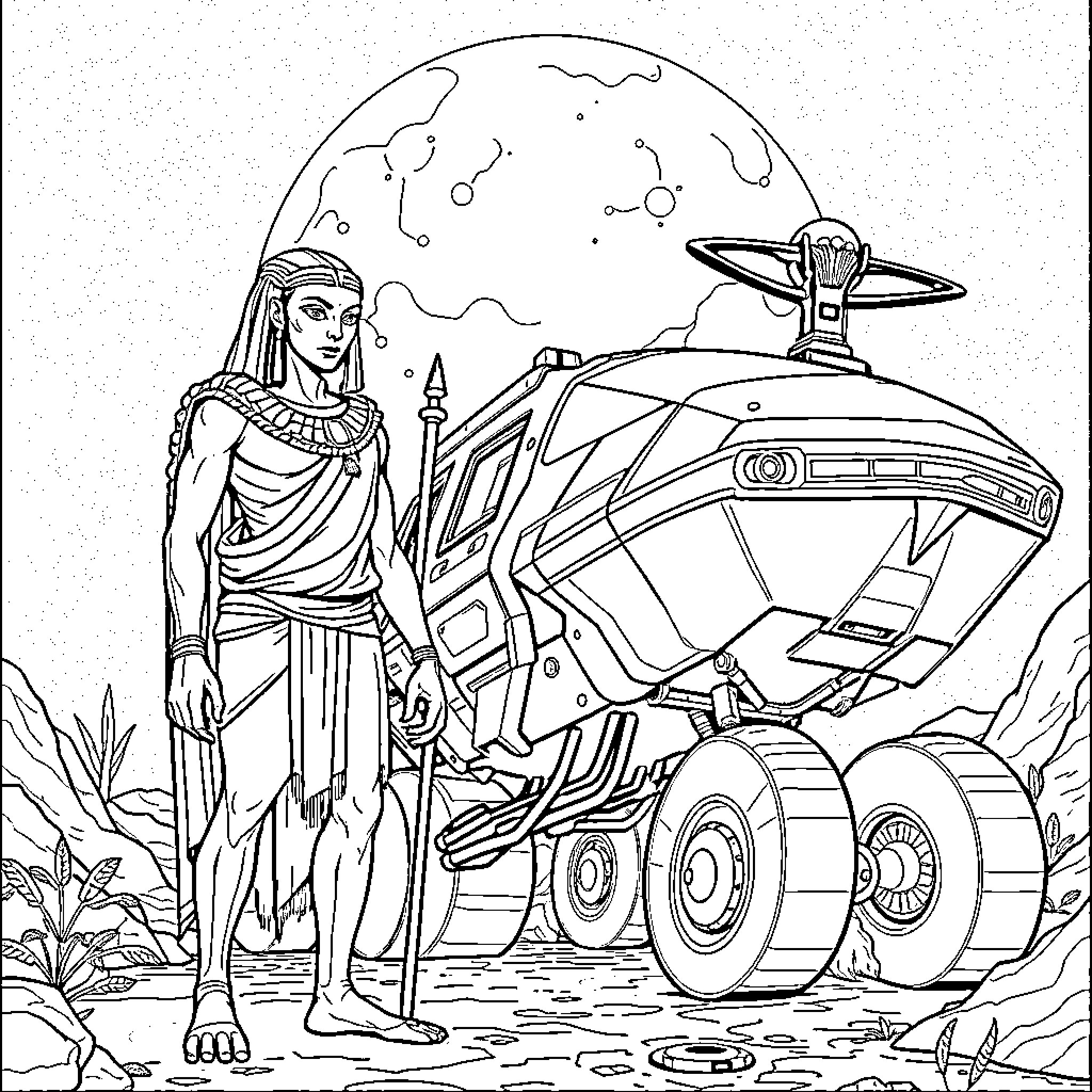 Alien explorer on an extraterrestrial planet Coloring Page (free black-and-white line drawing printable PDF for all, from beginners to advanced learners, including children, teens, adults, and seniors)