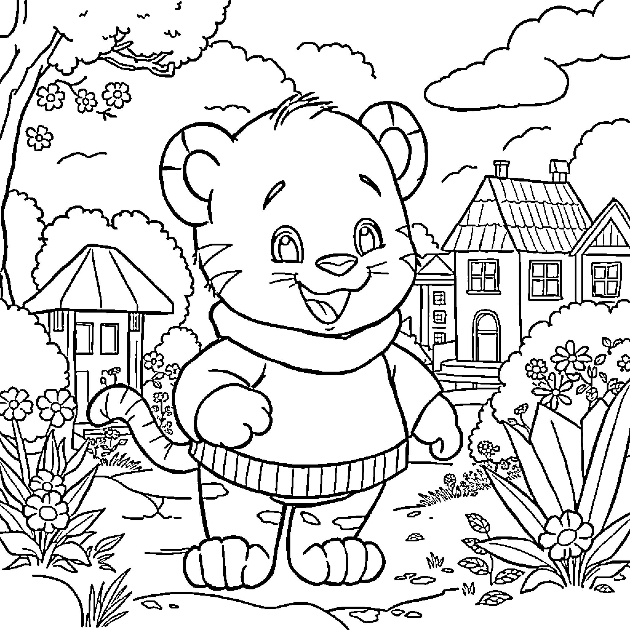 Daniel Tiger exploring his neighborhood Coloring Page (free black-and-white line drawing printable PDF for all, from beginners to advanced learners, including children, teens, adults, and seniors)