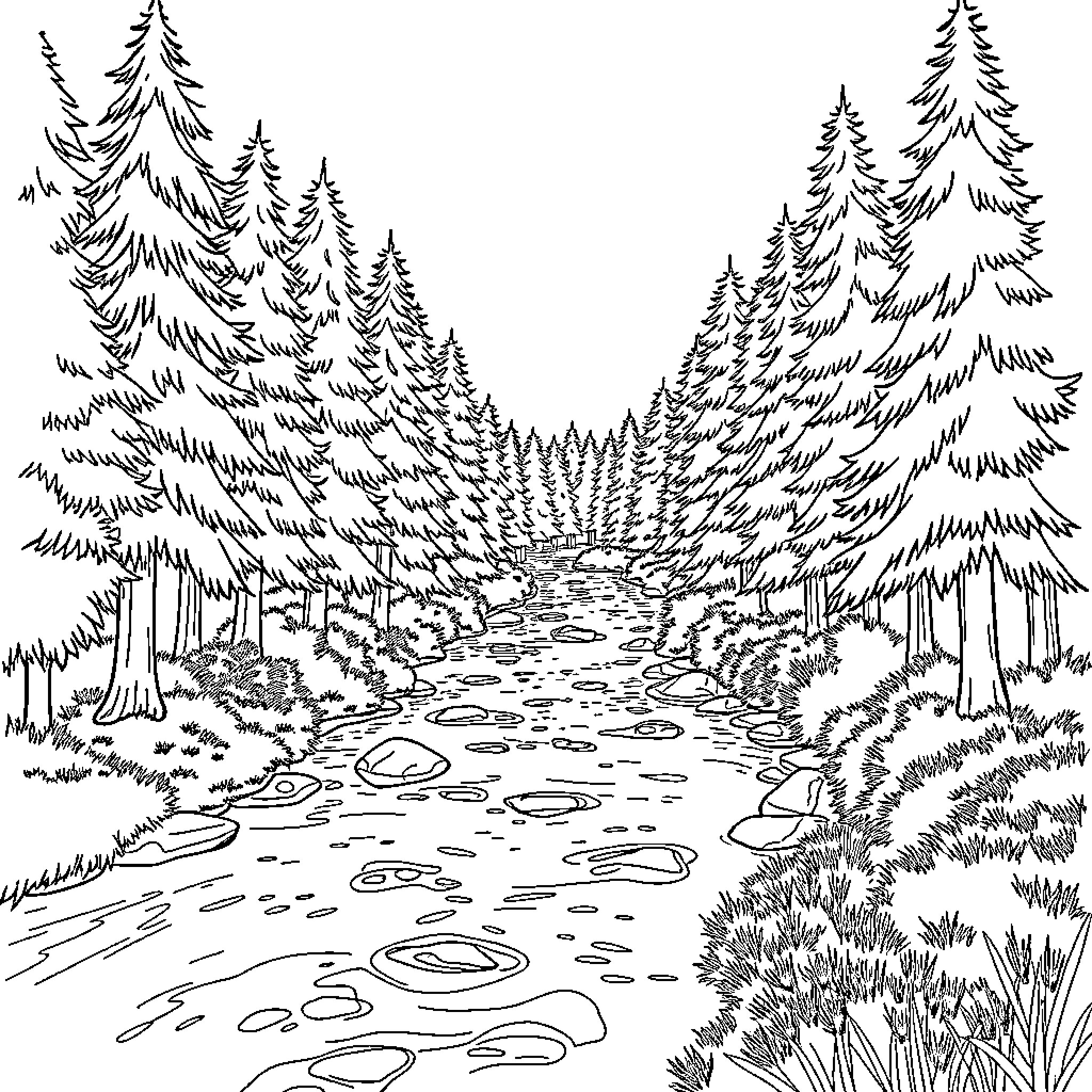 Nature's Tranquil Forest Trail Coloring Page (free black-and-white line drawing printable PDF for all, from beginners to advanced learners, including children, teens, adults, and seniors)