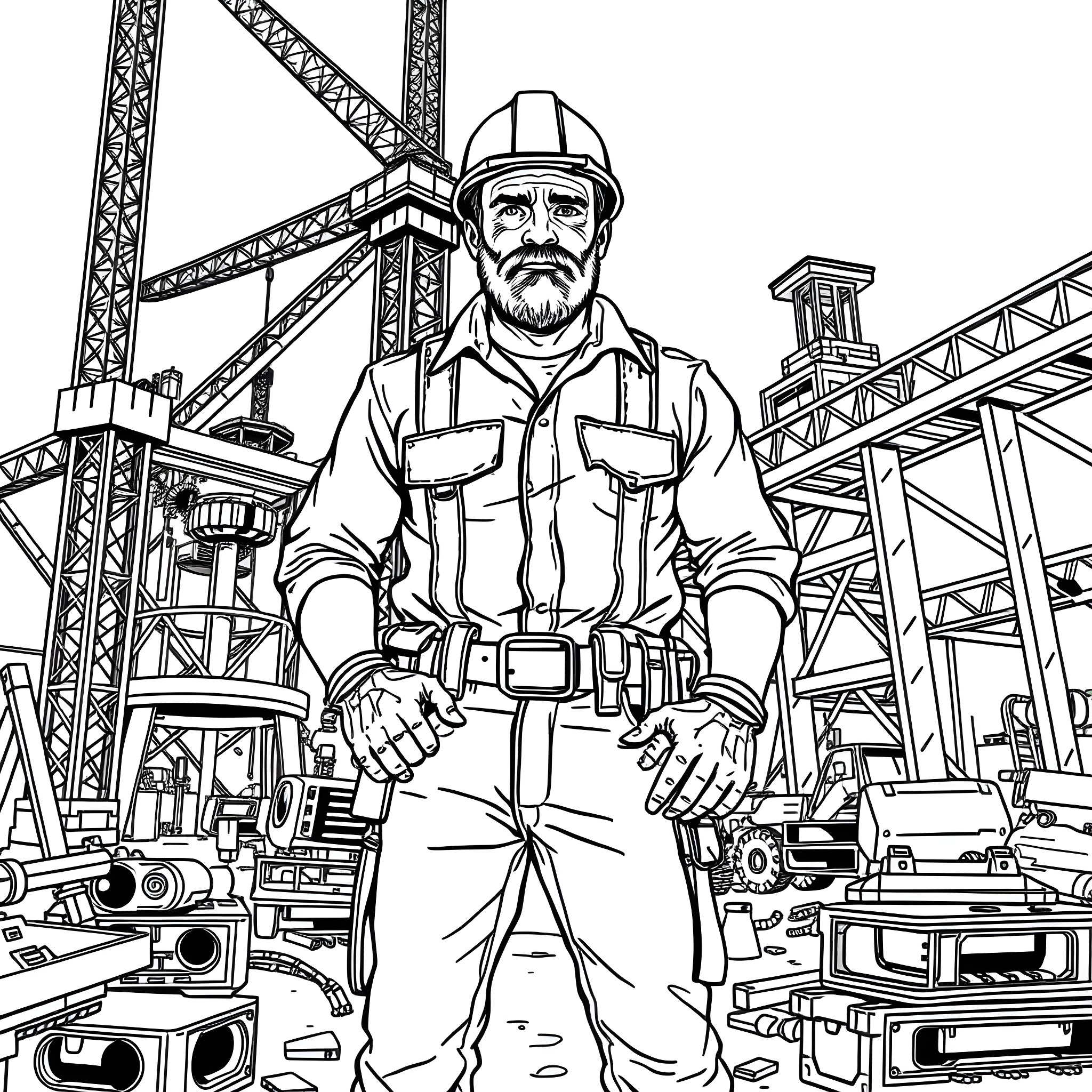 Construction Worker Overseeing Construction Site Activities Coloring Page (free black-and-white line drawing printable PDF for all, from beginners to advanced learners, including children, teens, adults, and seniors)
