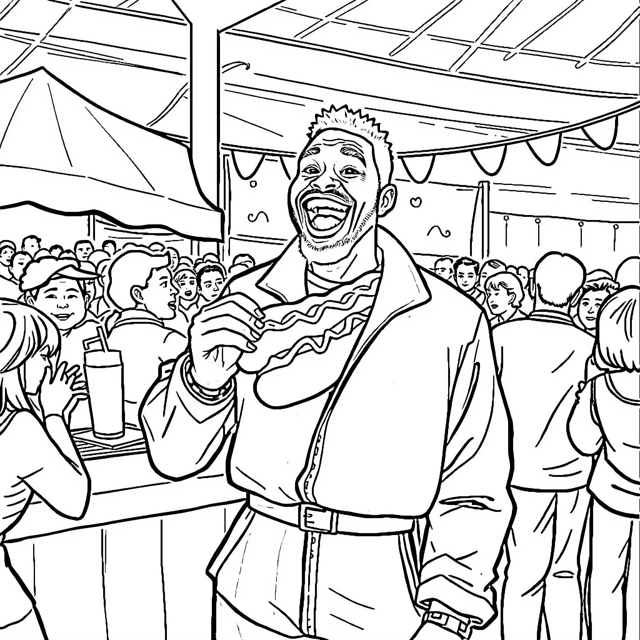 Guy laughing and celebrating at a crowded event Coloring Page (free black-and-white line drawing printable PDF for all, from beginners to advanced learners, including children, teens, adults, and seniors)