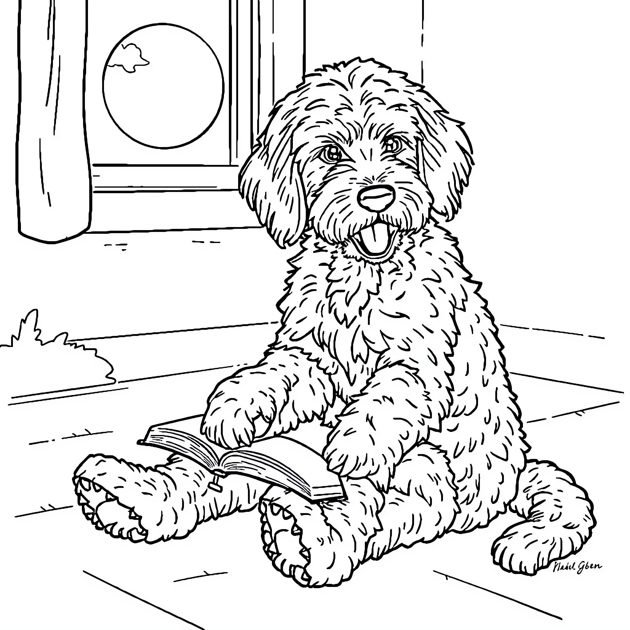 Goldendoodle dog reading a book by the window Coloring Page (free black-and-white line drawing printable PDF for all, from beginners to advanced learners, including children, teens, adults, and seniors)