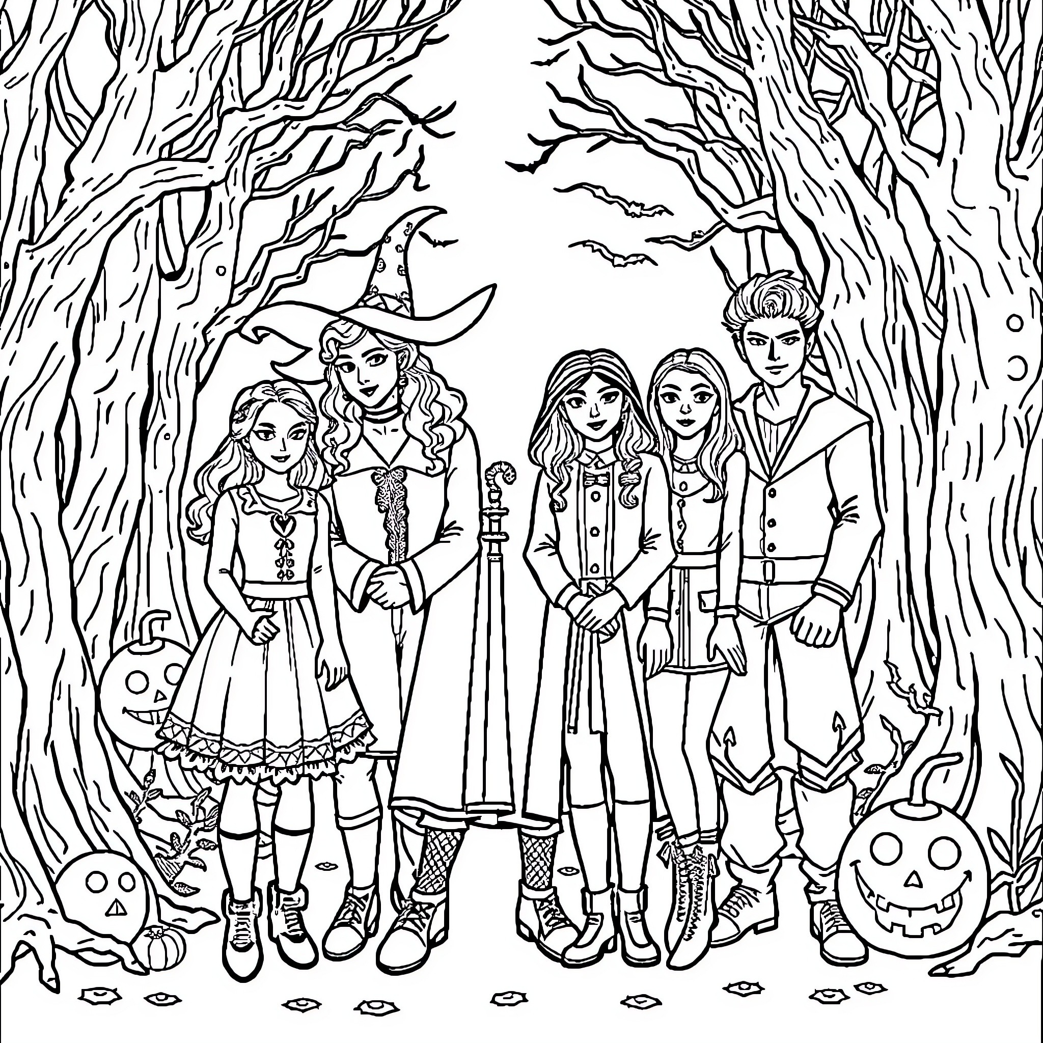 Hocus Pocus: Witches and Wizards in Enchanted Forest Coloring Page (free black-and-white line drawing printable PDF for all, from beginners to advanced learners, including children, teens, adults, and seniors)