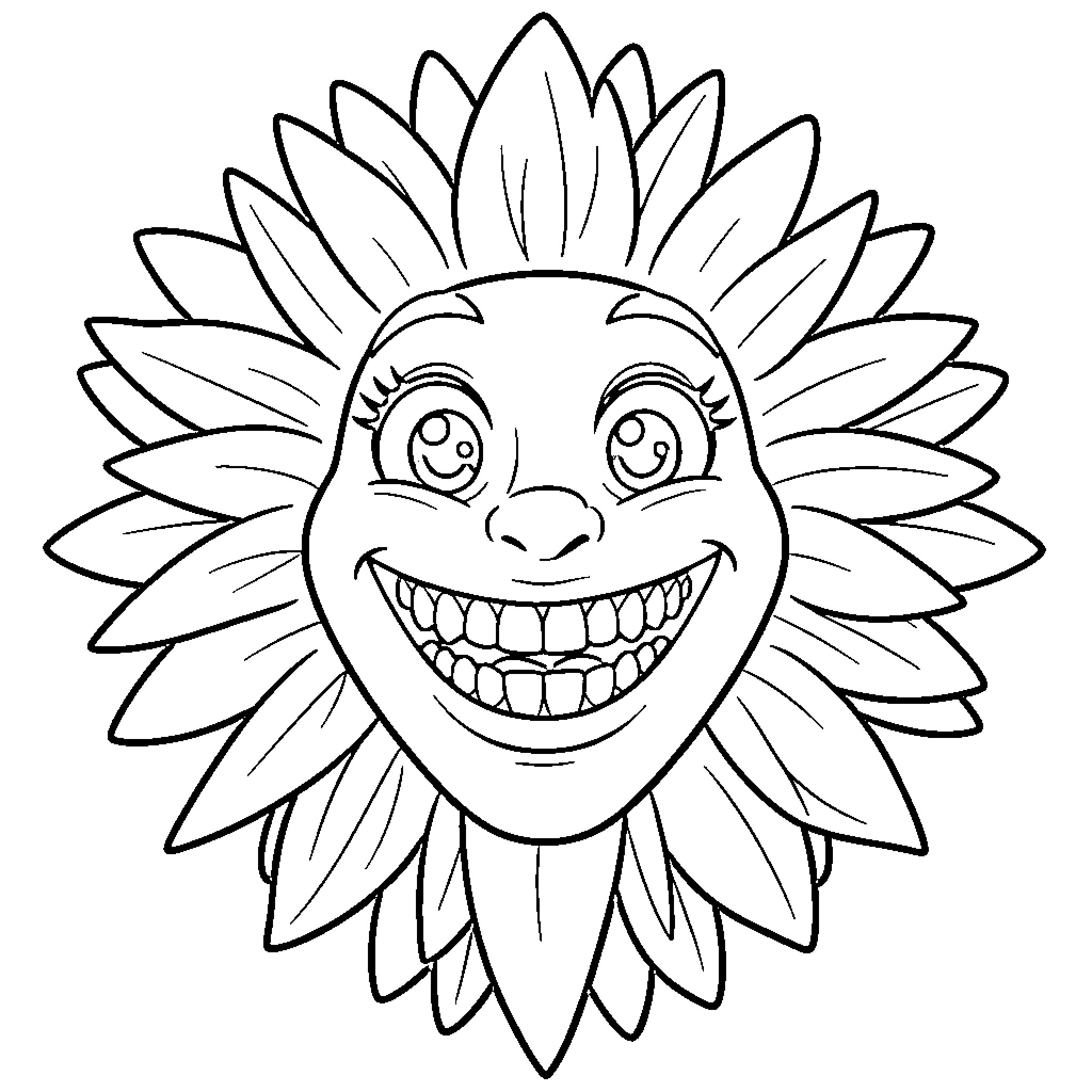 Tooth-shaped Smiling Sun Character Coloring Page (free black-and-white line drawing printable PDF for all, from beginners to advanced learners, including children, teens, adults, and seniors)