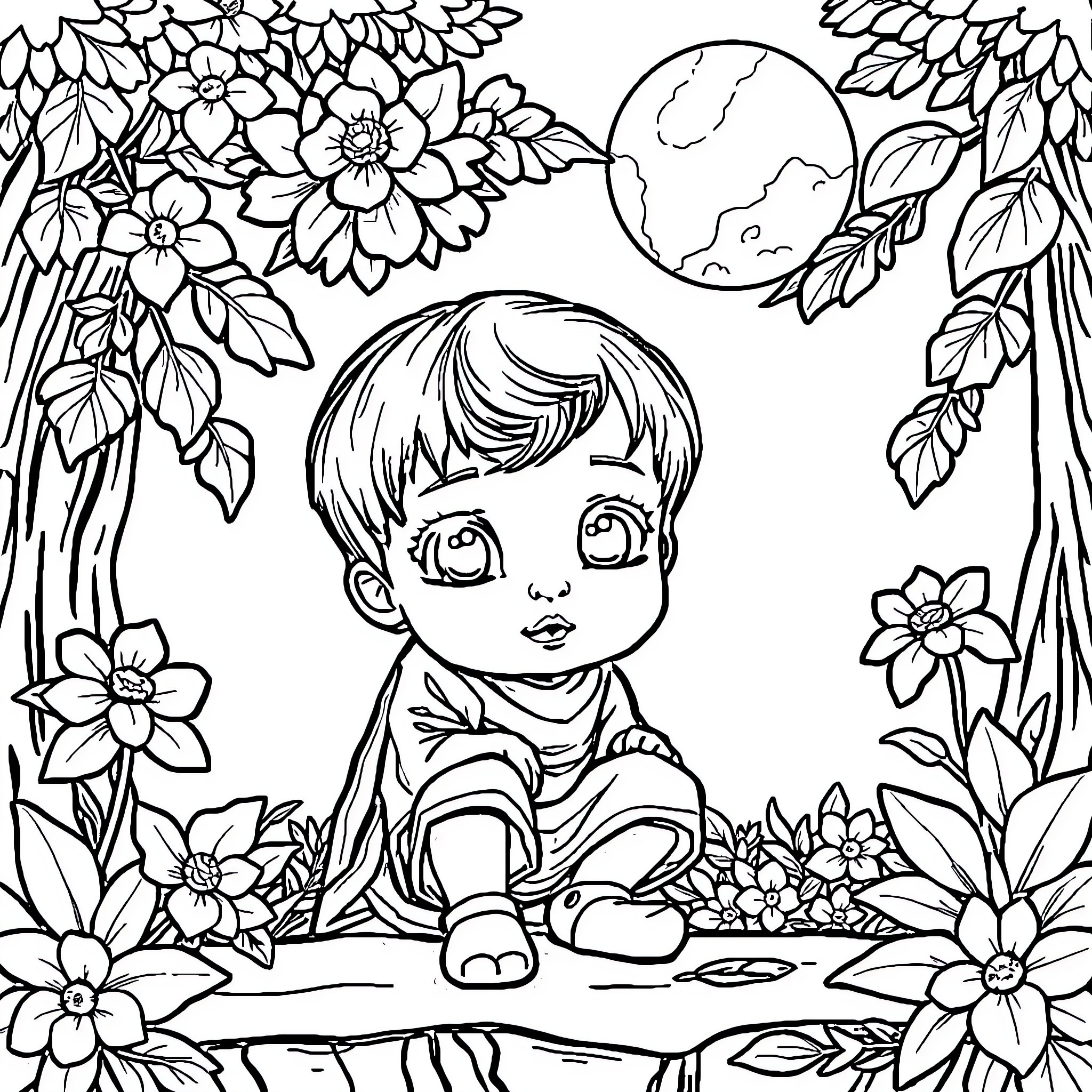 Children's Book - Boy sitting in a flower garden Coloring Page (free black-and-white line drawing printable PDF for all, from beginners to advanced learners, including children, teens, adults, and seniors)