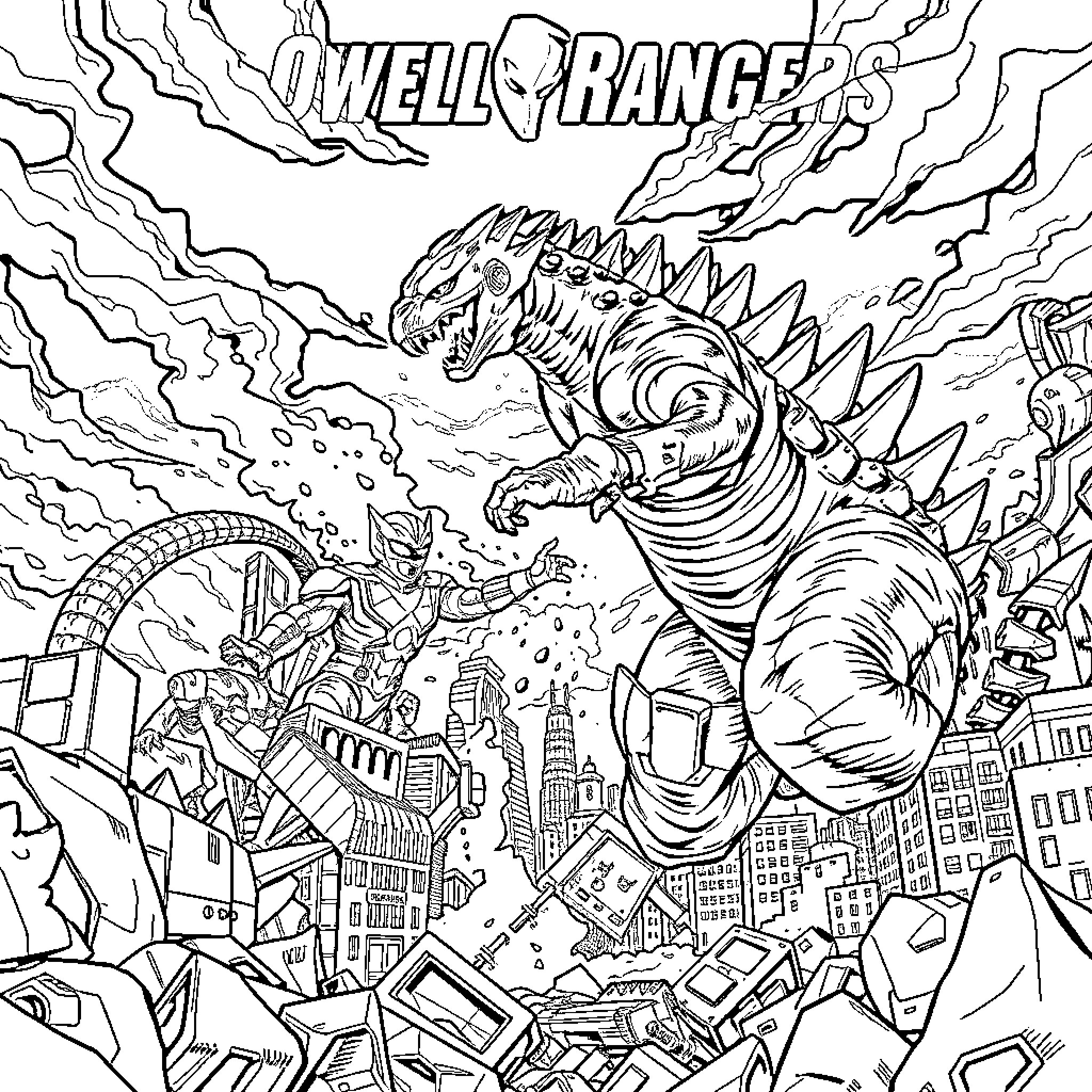Godzilla rampaging through the city, destroying buildings Coloring Page (free black-and-white line drawing printable PDF for all, from beginners to advanced learners, including children, teens, adults, and seniors)