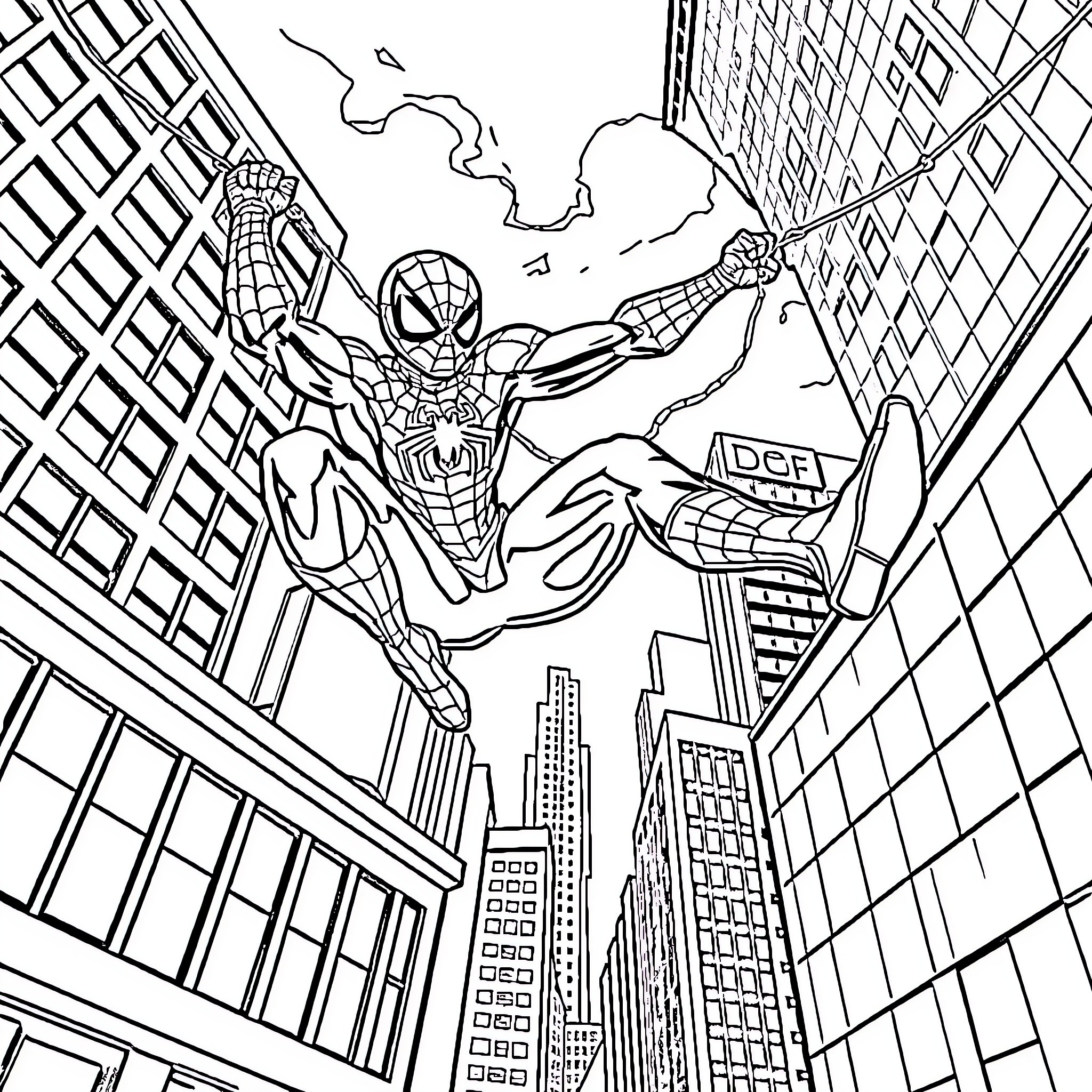 Spiderman swinging through the city skyline Coloring Page (free black-and-white line drawing printable PDF for all, from beginners to advanced learners, including children, teens, adults, and seniors)