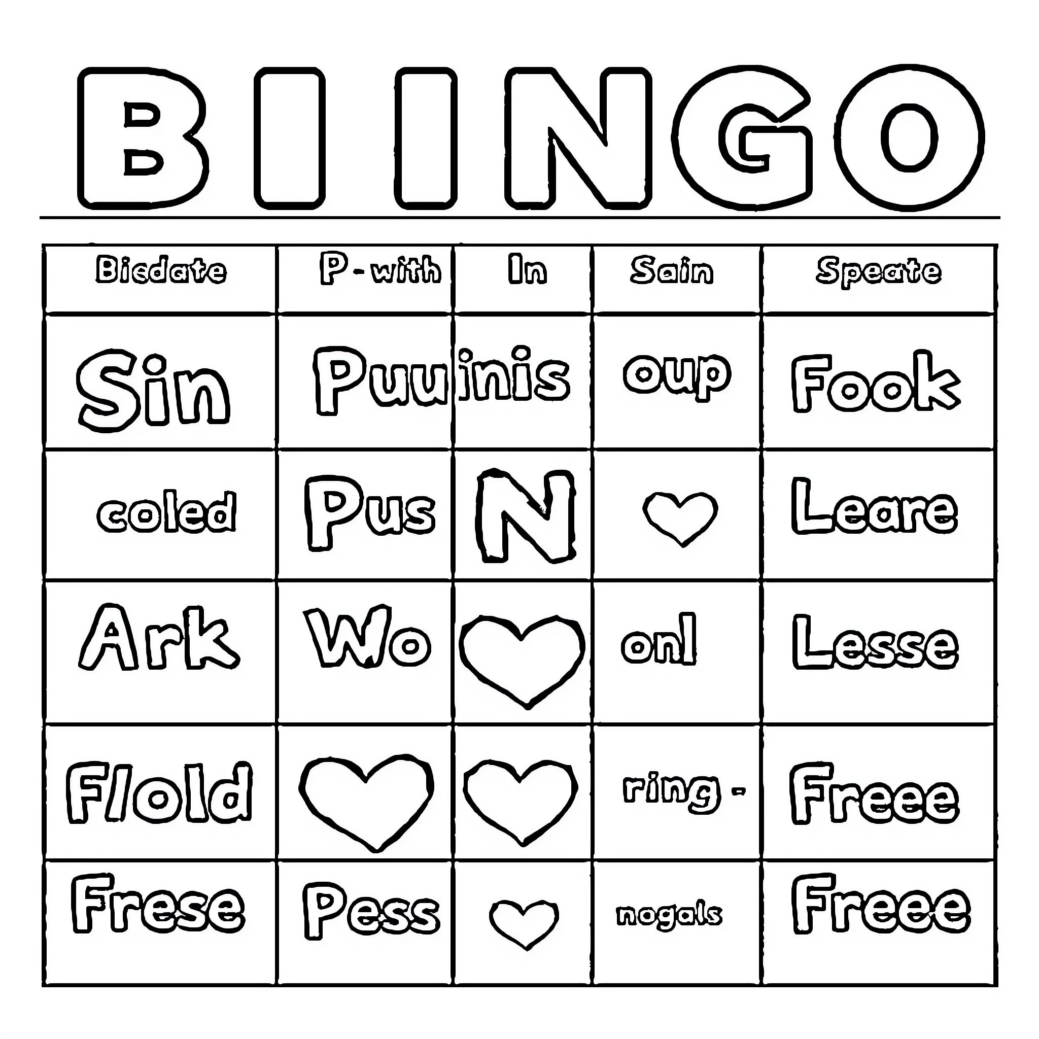 Bingo game featuring words and expressions Coloring Page (free black-and-white line drawing printable PDF for all, from beginners to advanced learners, including children, teens, adults, and seniors)