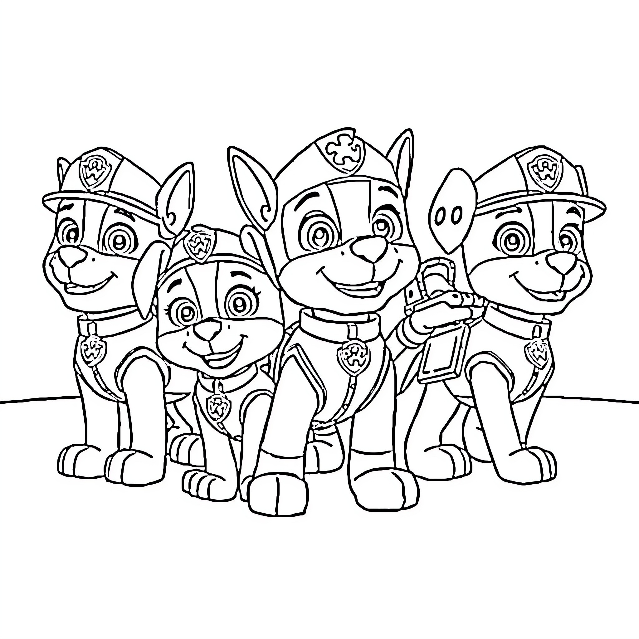 Paw Patrol Pups on Duty in Action Coloring Page (free black-and-white line drawing printable PDF for all, from beginners to advanced learners, including children, teens, adults, and seniors)