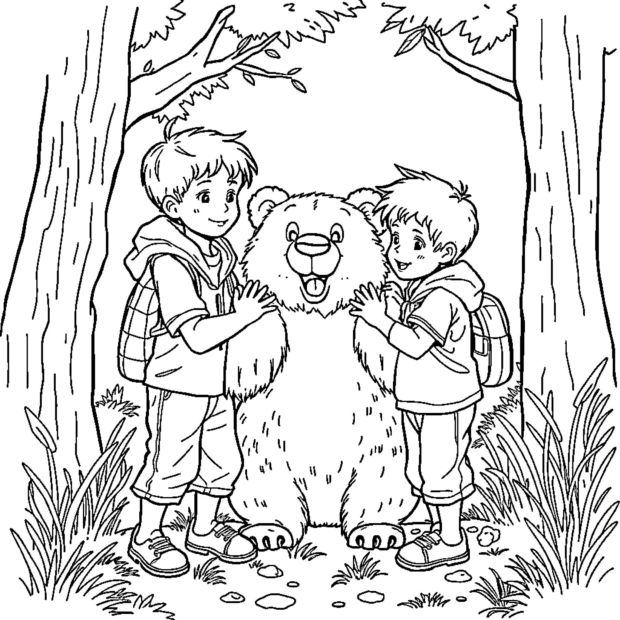 Boys befriending a friendly bear in the forest Coloring Page (free black-and-white line drawing printable PDF for all, from beginners to advanced learners, including children, teens, adults, and seniors)